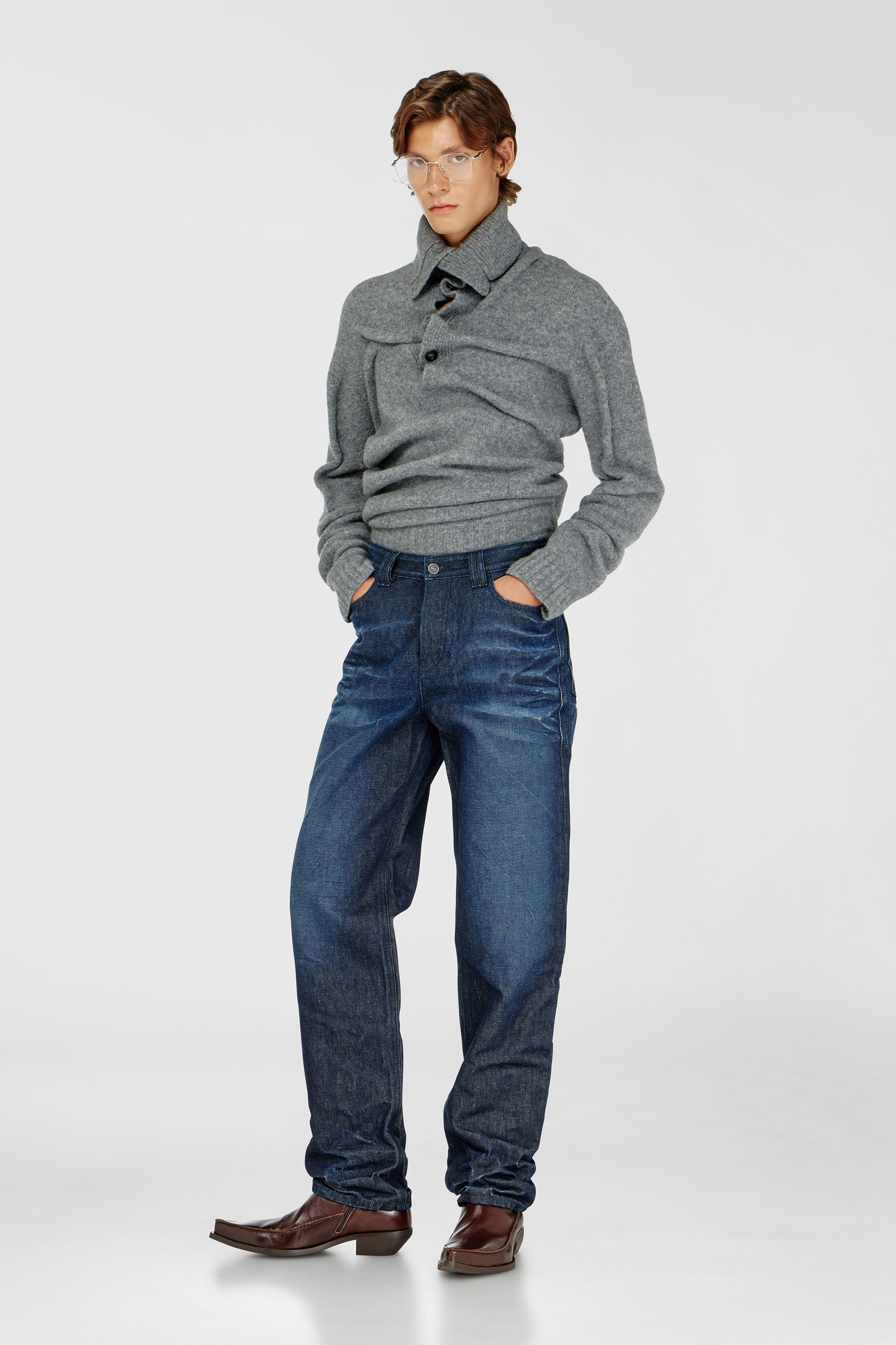 Diesel - K-ANDREW, Man's Button-neck jumper in wrinkled boiled knit in Grey - 1