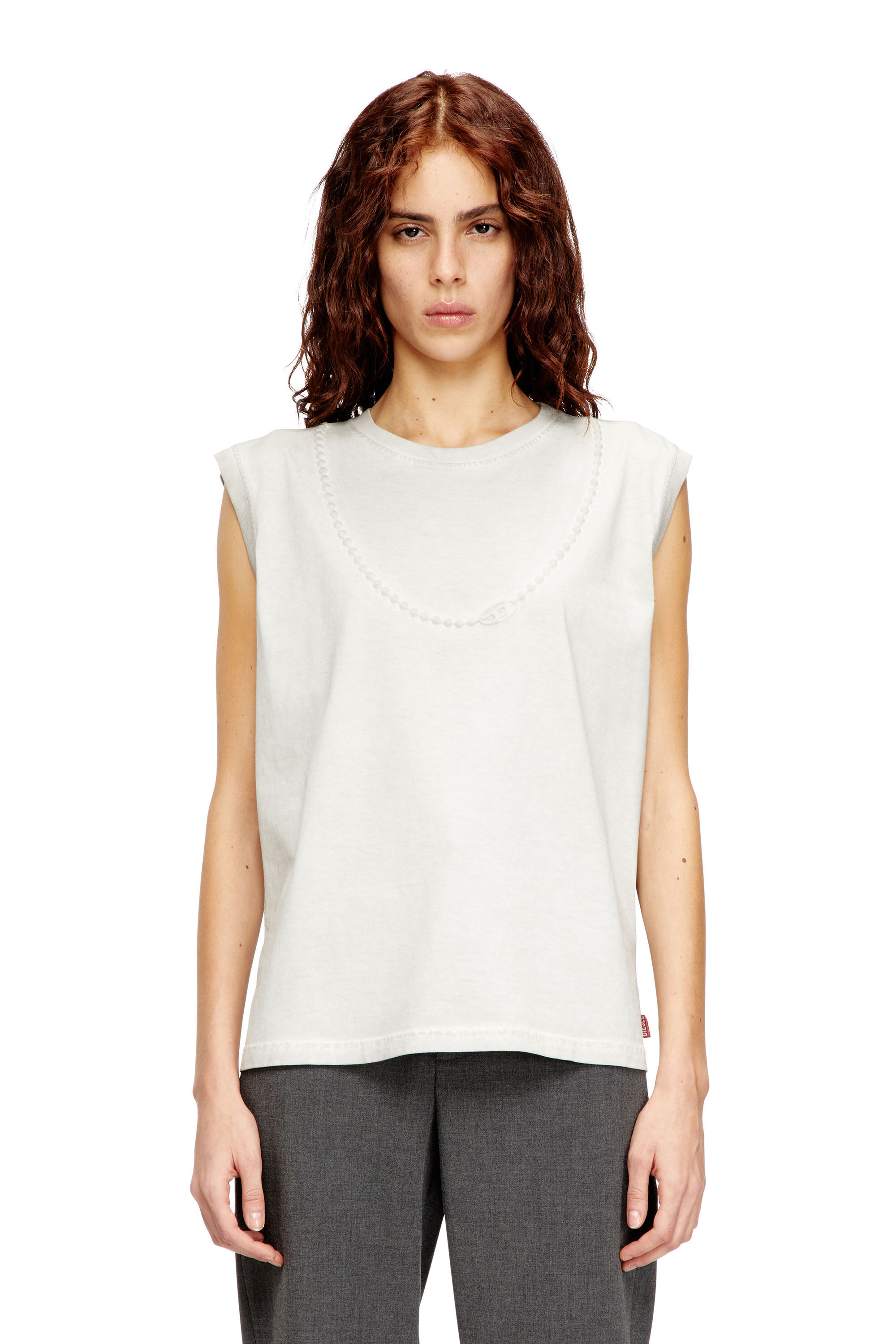 Diesel - T-EMBEJ, Woman's Sleeveless T-shirt with embossed chain in White - 3