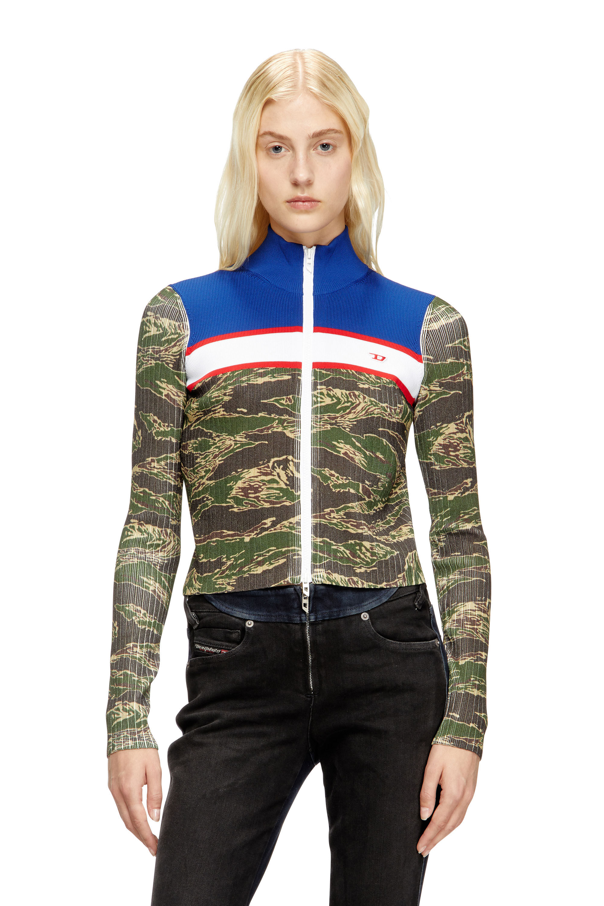 Diesel - M-CAMUT, Woman's Camo zip sweater in ribbed viscose in Blue/Green - 3