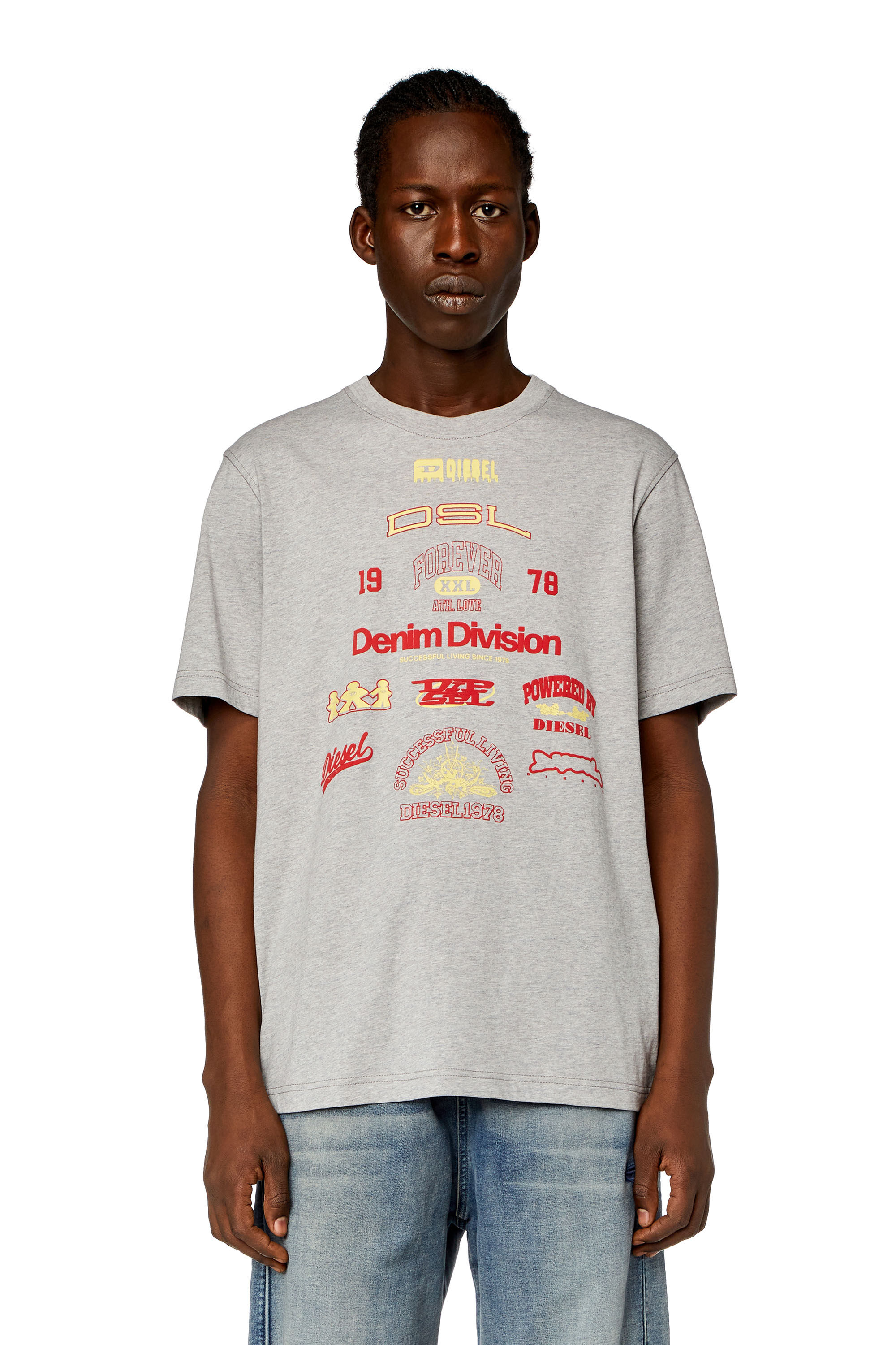 Diesel - T-JUST-N14, Man T-shirt with mixed logo prints in Grey - Image 1