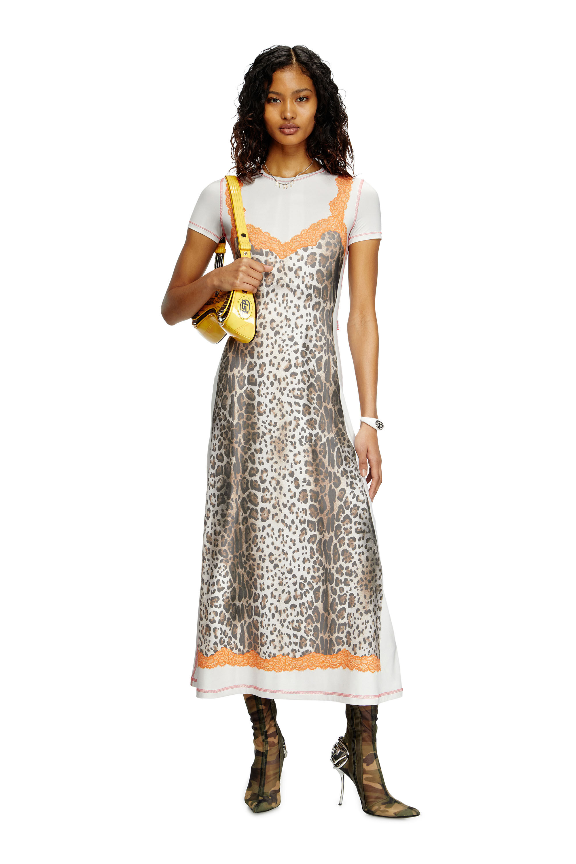 Diesel - D-ILE, Woman's Midi dress with trompe l'oeil slip in Brown/White - 1