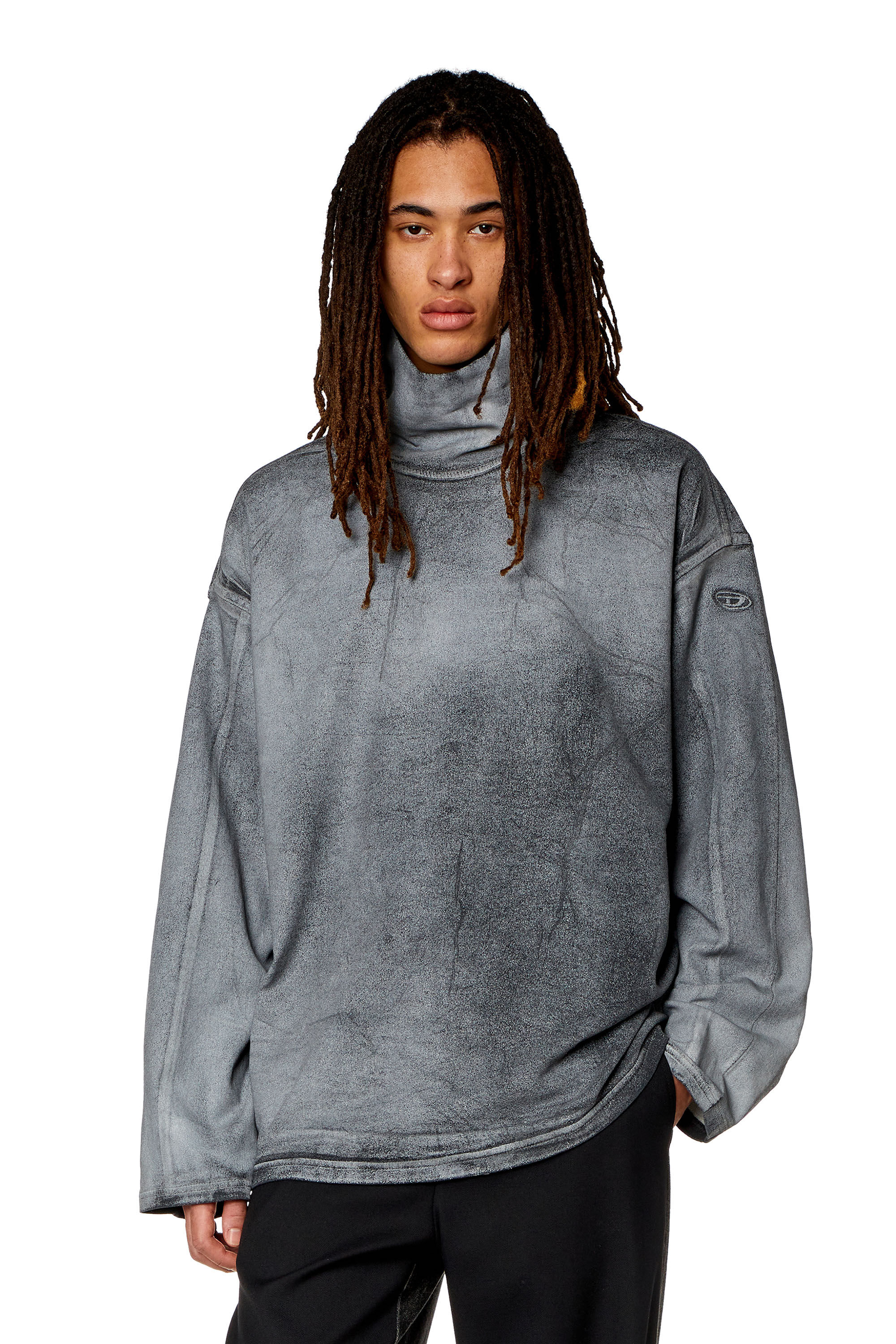 Diesel - D-NLABELCOL-S TRACK, Man High neck sweatshirt in printed Track Denim in Grey - Image 1
