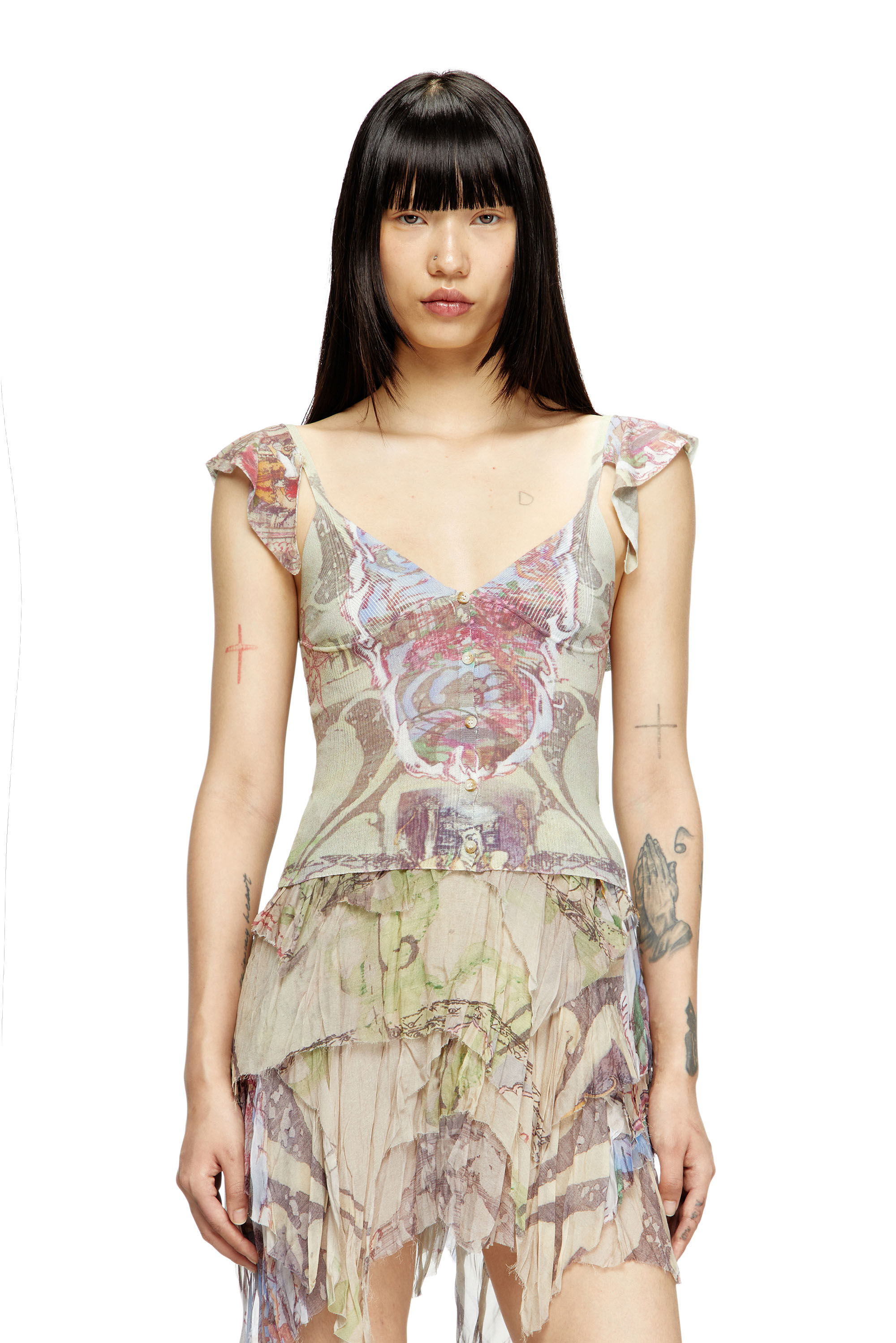Diesel - M-FIORE, Woman's Ruffle-shoulder knit top with medieval print in Light Brown - 3