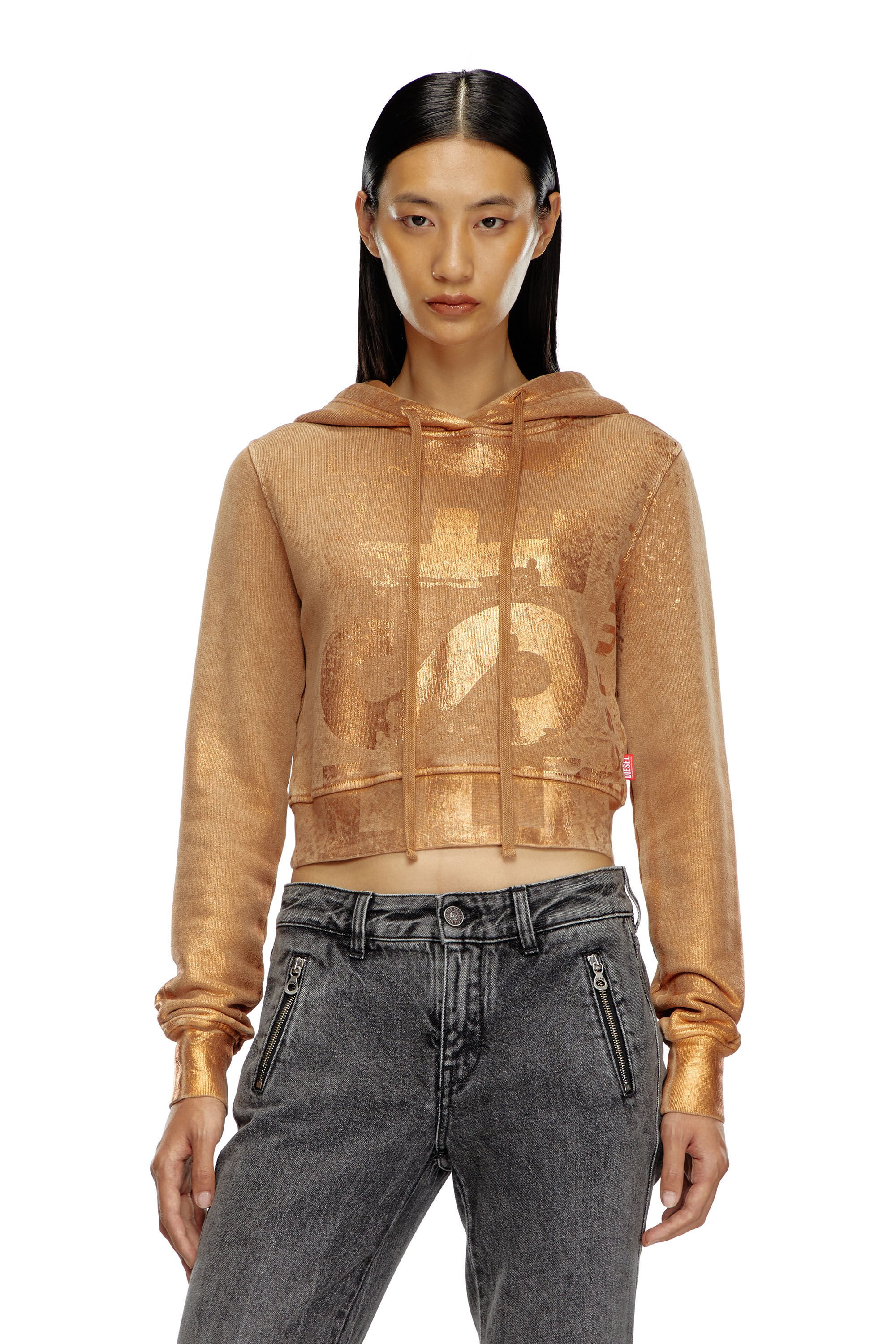 Diesel - F-SLIMMY-HOOD-P6, Woman Cropped hoodie with metallic effects in Brown - Image 3