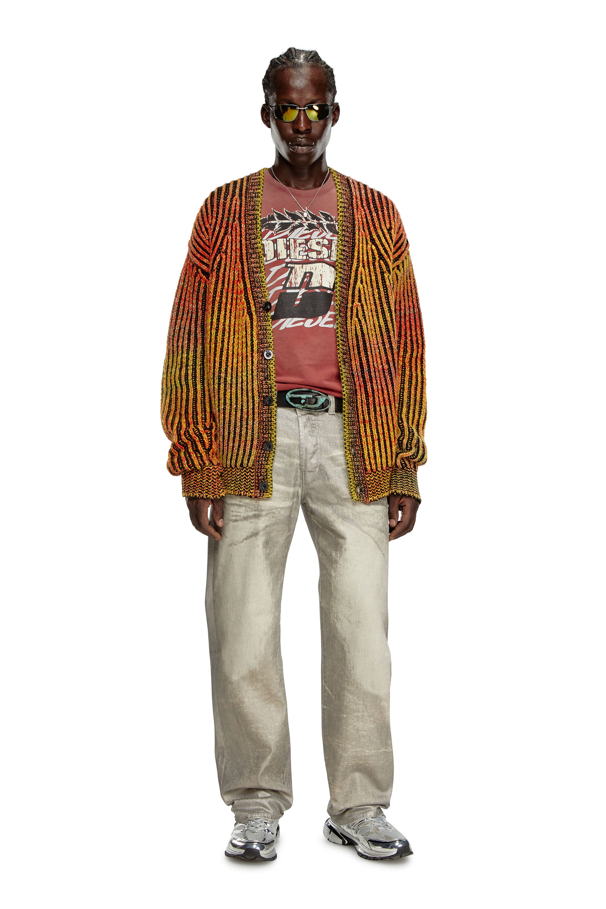 Diesel - K-OAKLAND-CR, Man Striped ribbed cardigan in wool blend in Orange - Image 1
