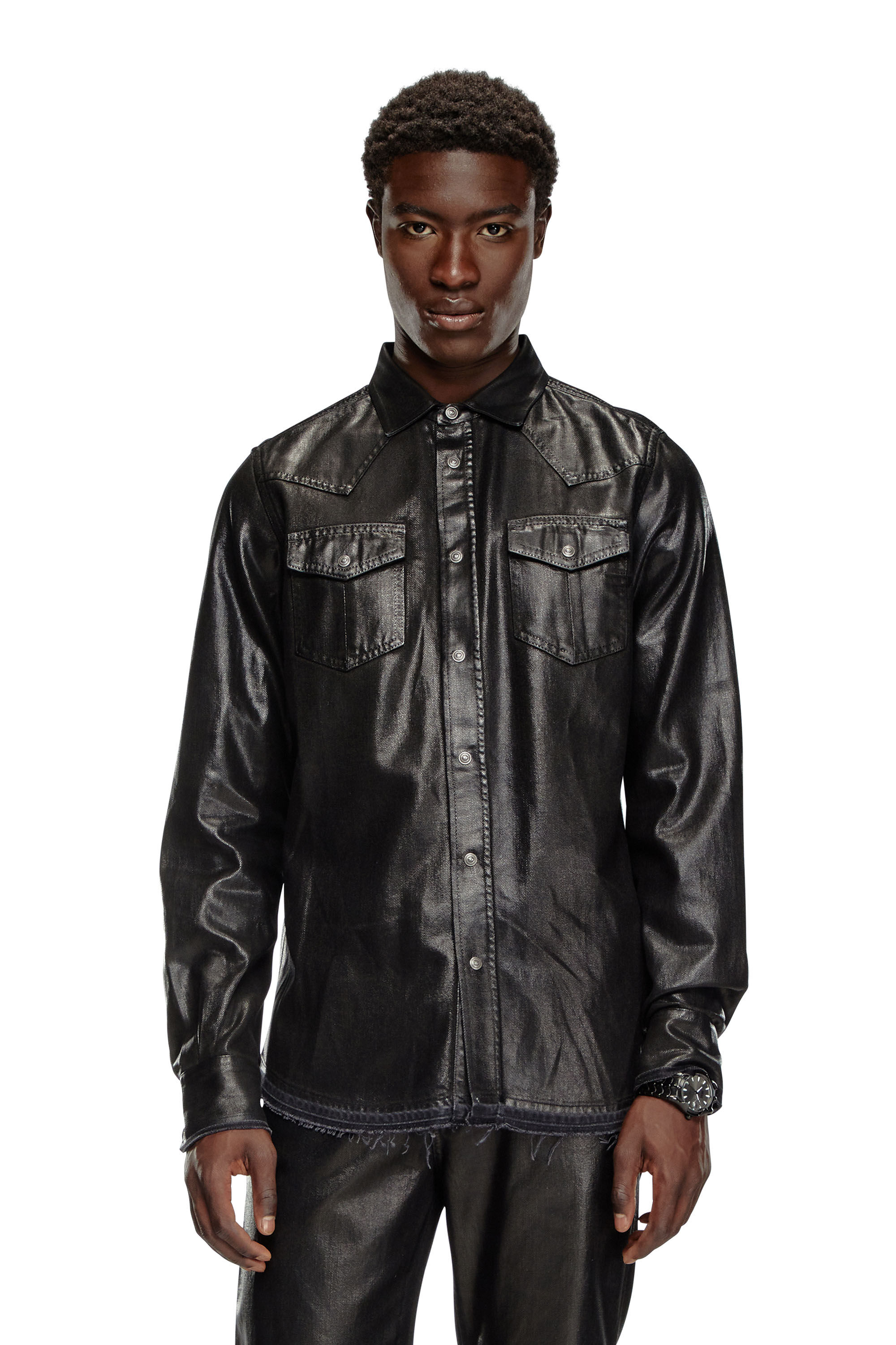 Diesel - D-VEGA, Man Overshirt in coated tailoring denim in Black - Image 3