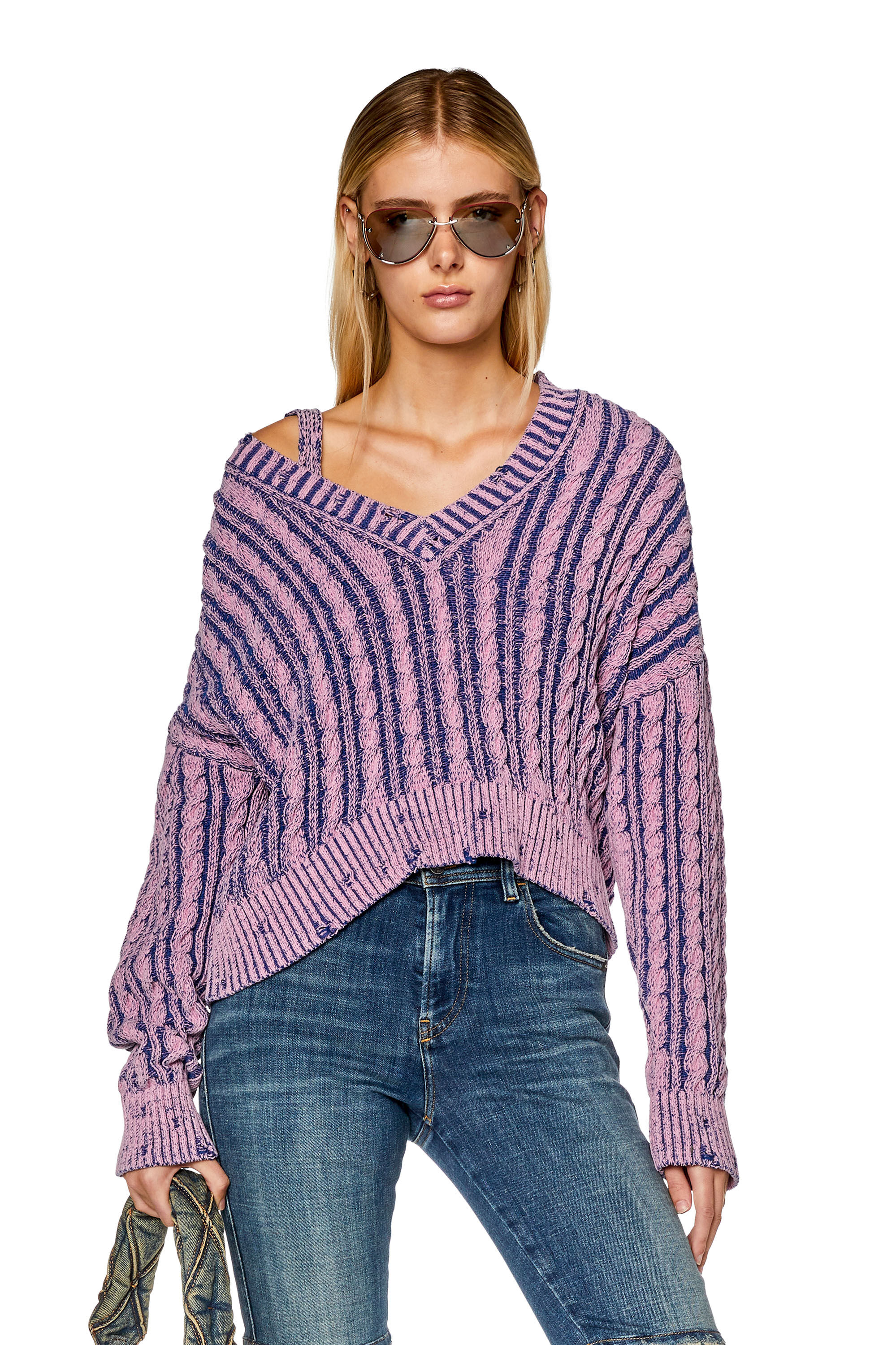 Diesel - M-OXIA, Woman's Chunky jumper in two-tone cotton in Lilac - 3