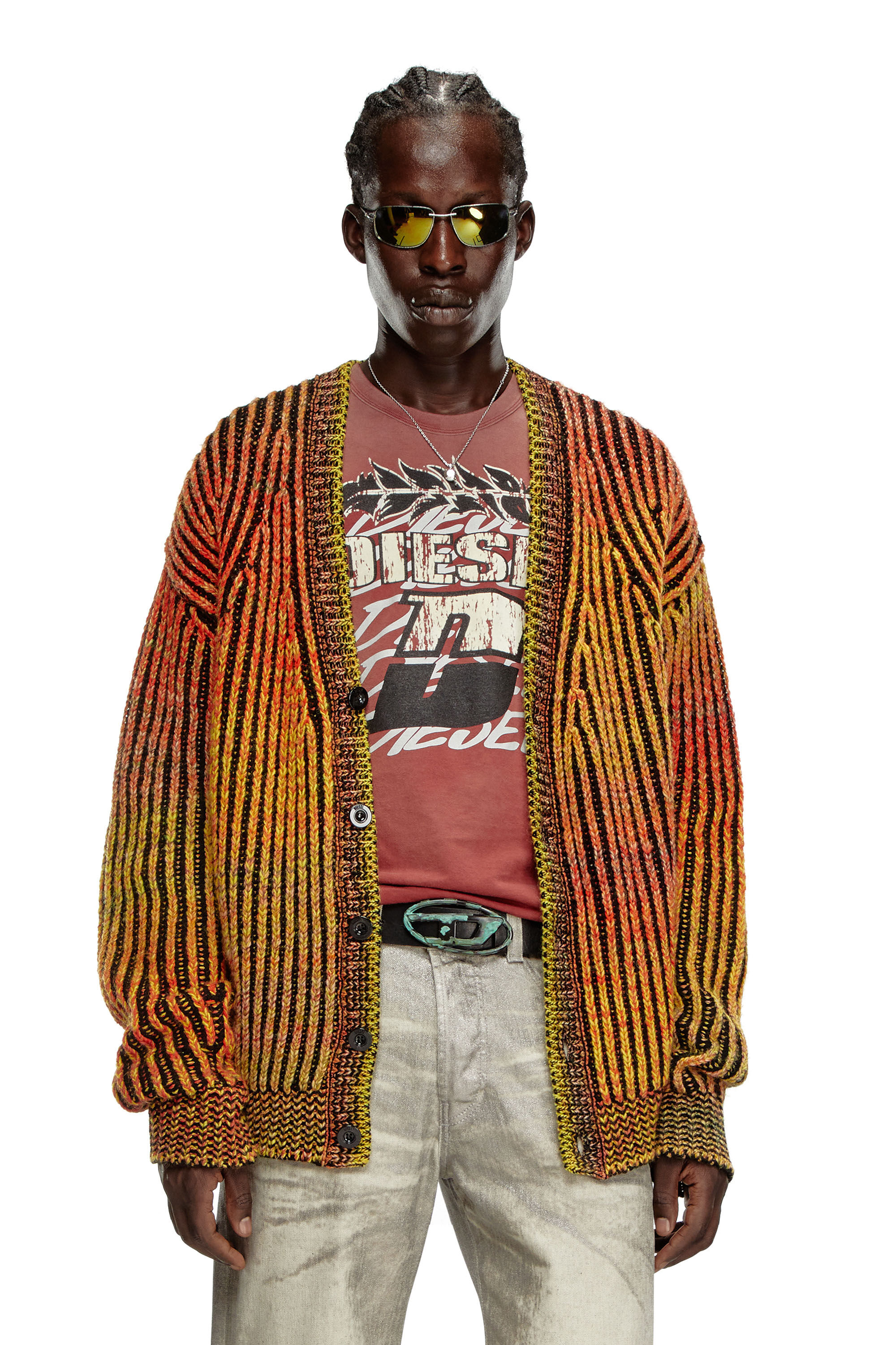 Diesel - K-OAKLAND-CR, Man Striped ribbed cardigan in wool blend in Orange - Image 3