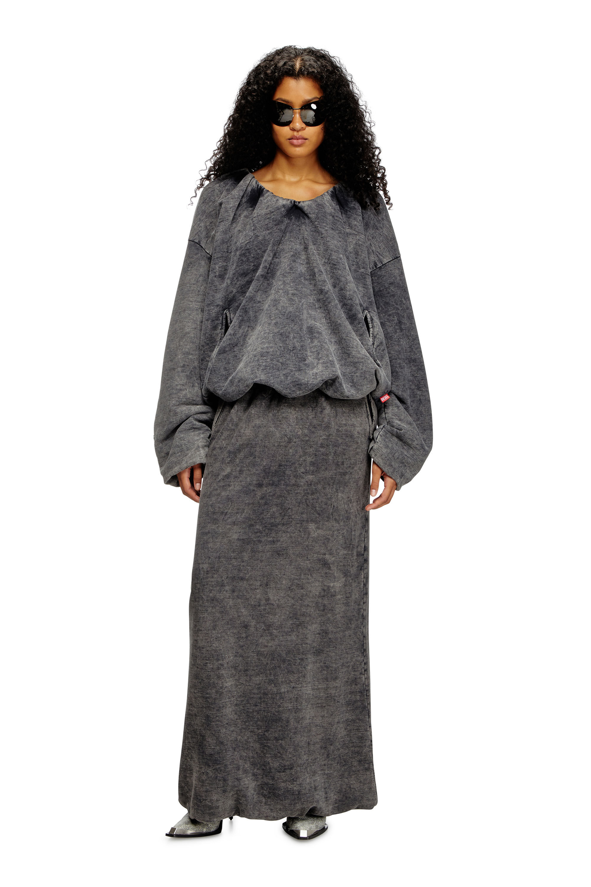Diesel - S-FISHY-V, Woman's Gathered sweatshirt with denim effect in Dark grey - 1