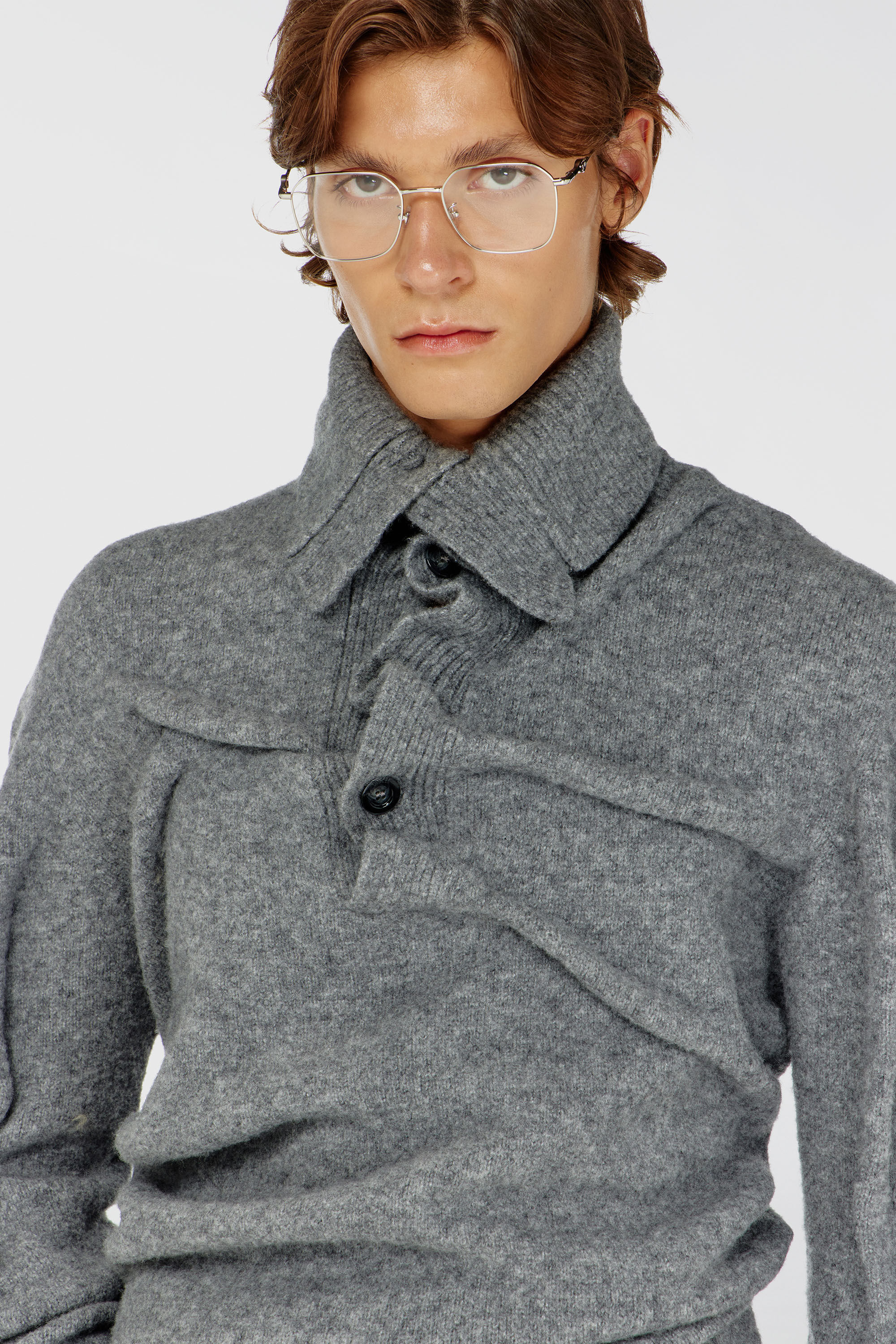 Diesel - K-ANDREW, Man's Button-neck jumper in wrinkled boiled knit in Grey - 5