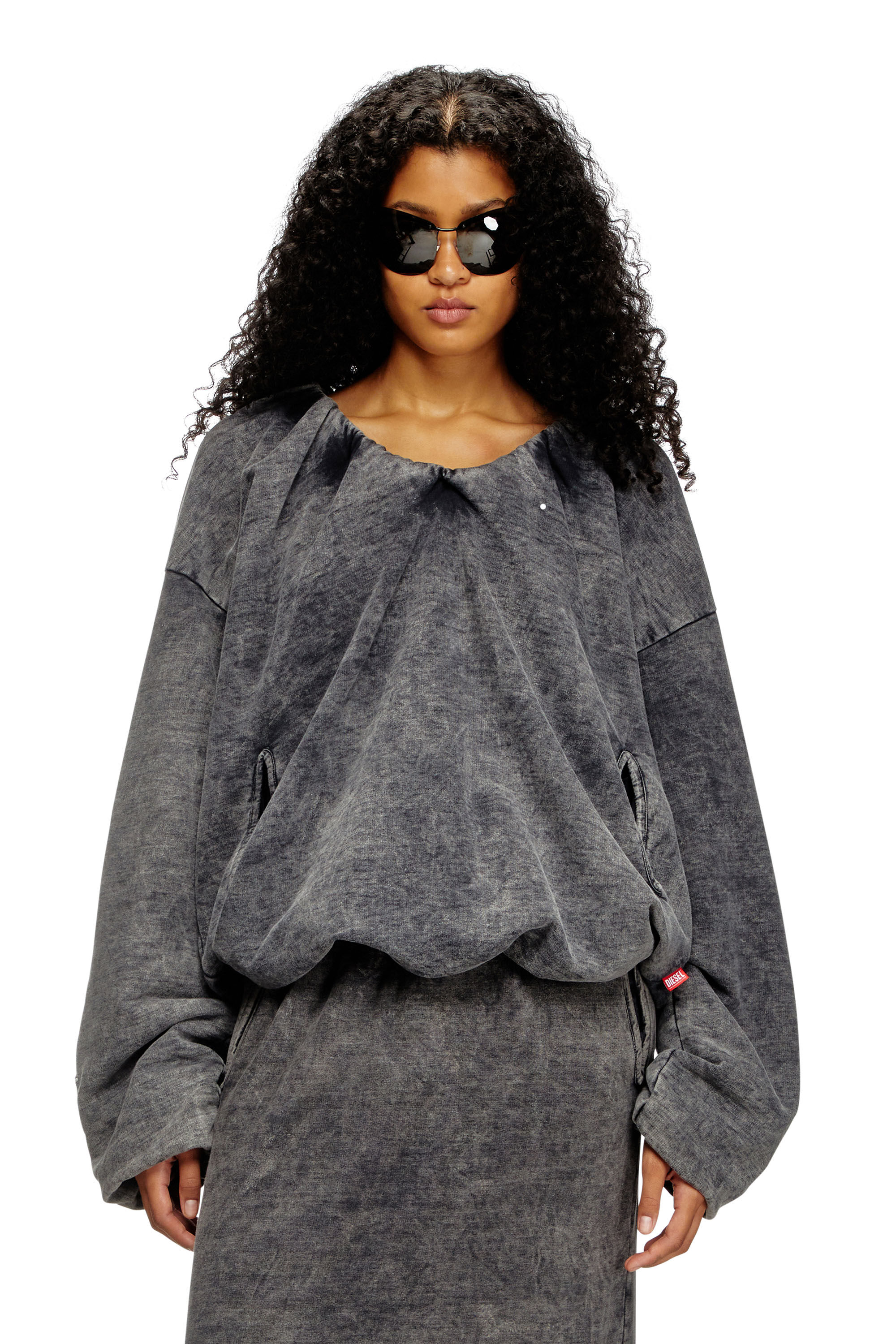 Diesel - S-FISHY-V, Woman's Gathered sweatshirt with denim effect in Dark grey - 3