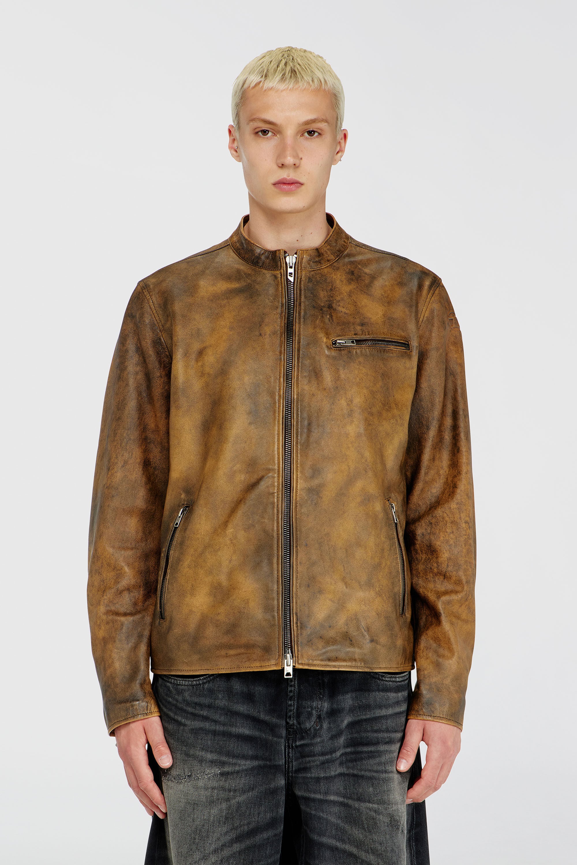 Diesel - L-ZAD-KNCZ, Man's Biker jacket in treated leather in Light Brown - 3