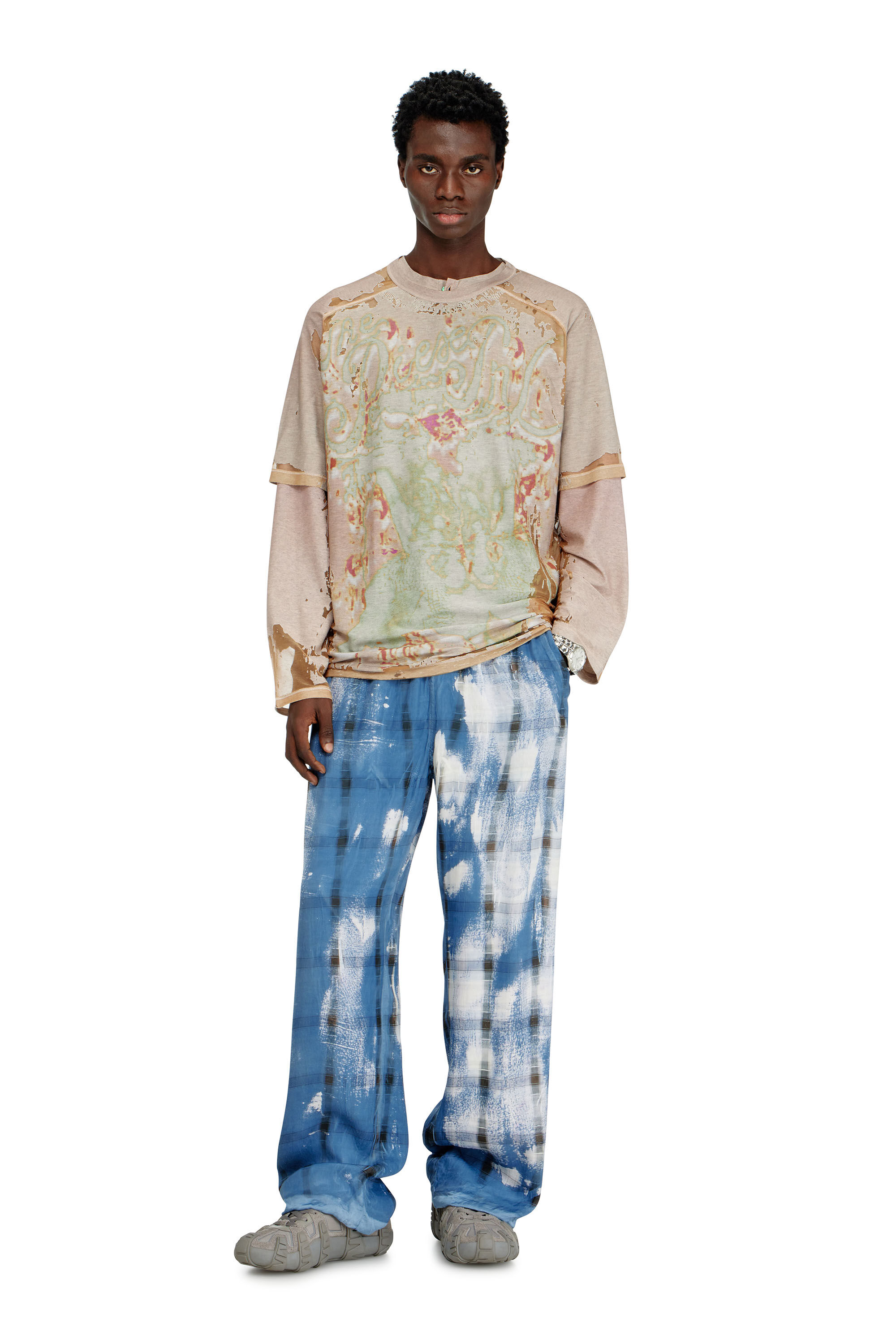 Diesel - T-LIVO, Man's T-shirt in printed devor&eacute; jersey in Light Brown - 1