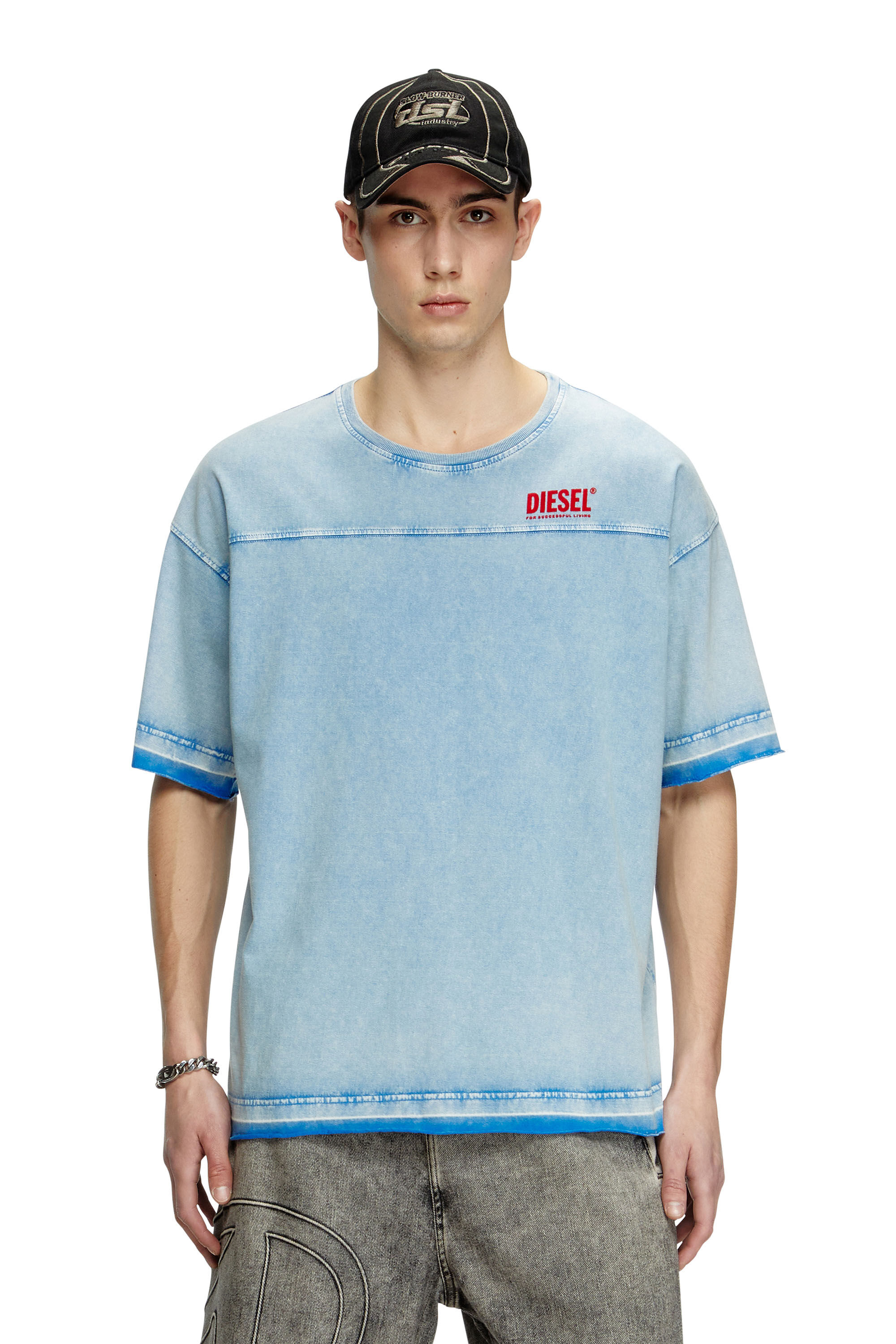 Diesel - T-HOXT, Man's Denim-look T-shirt with released hems in Light Blue - 3