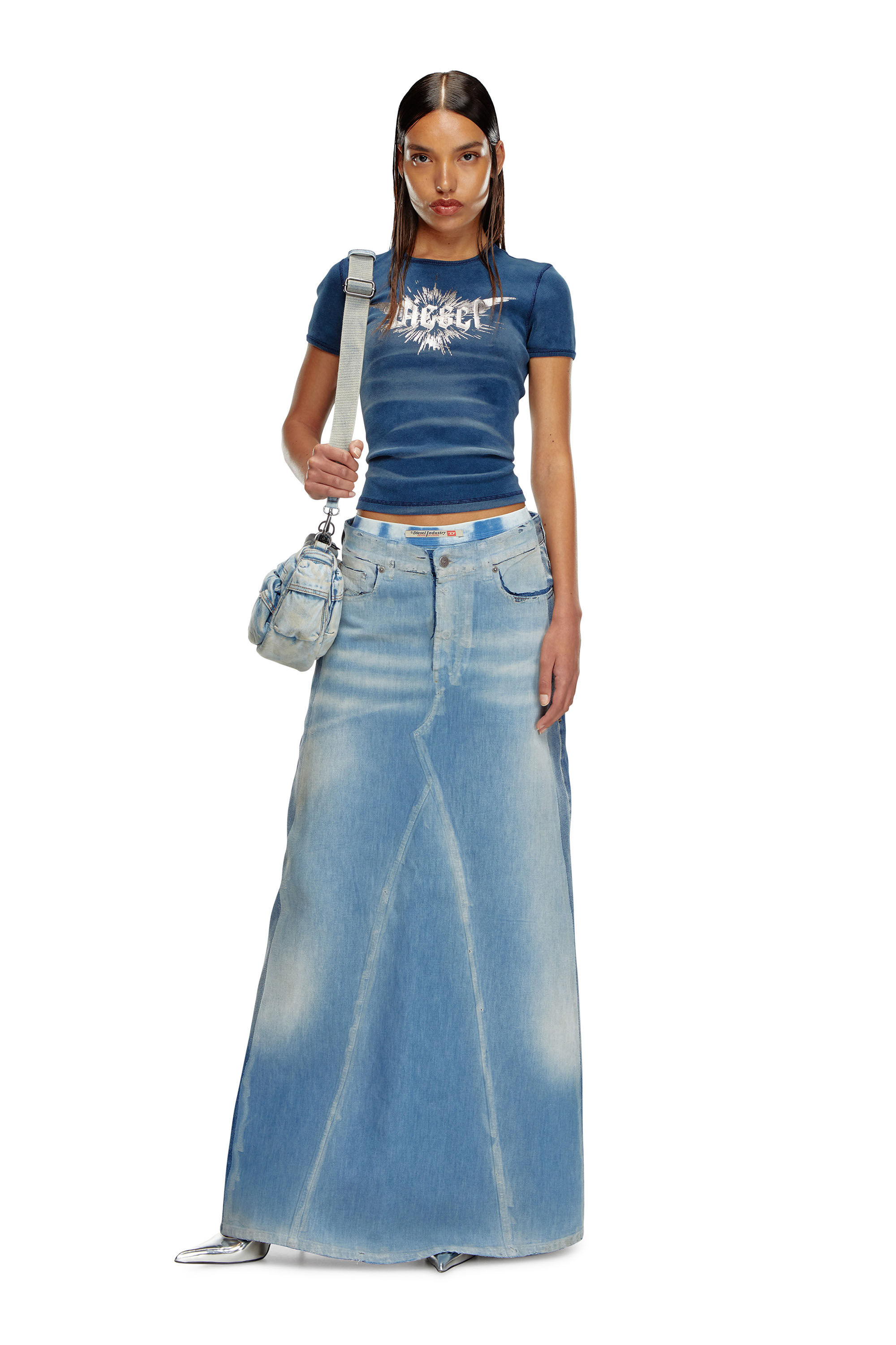 Diesel - DE-PAGO-S4, Woman Long skirt in peel-off denim in Blue - Image 1