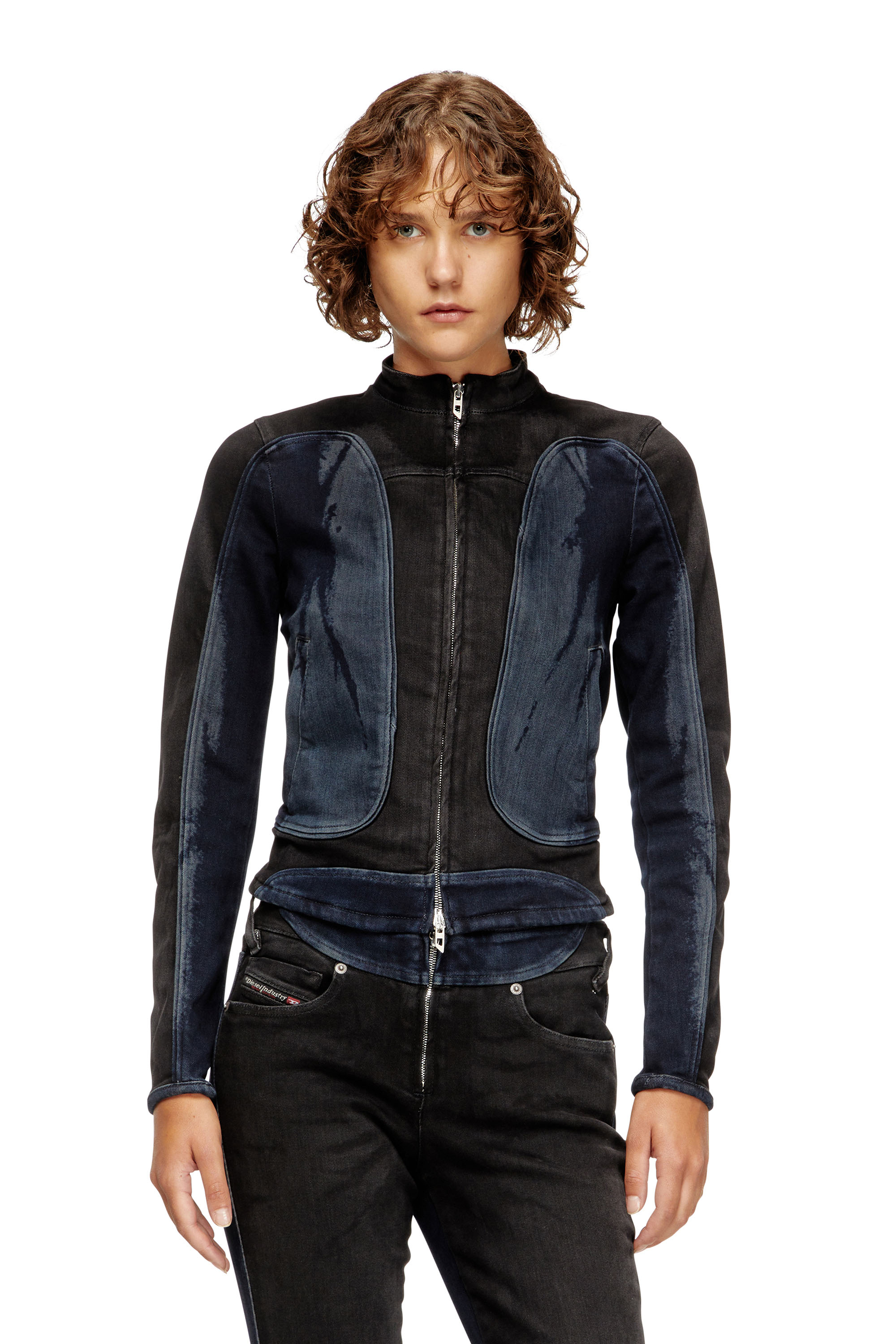 Diesel - DE-MORNY-S, Woman's Biker-style jacket in bicolour denim in Black/Blue - 1