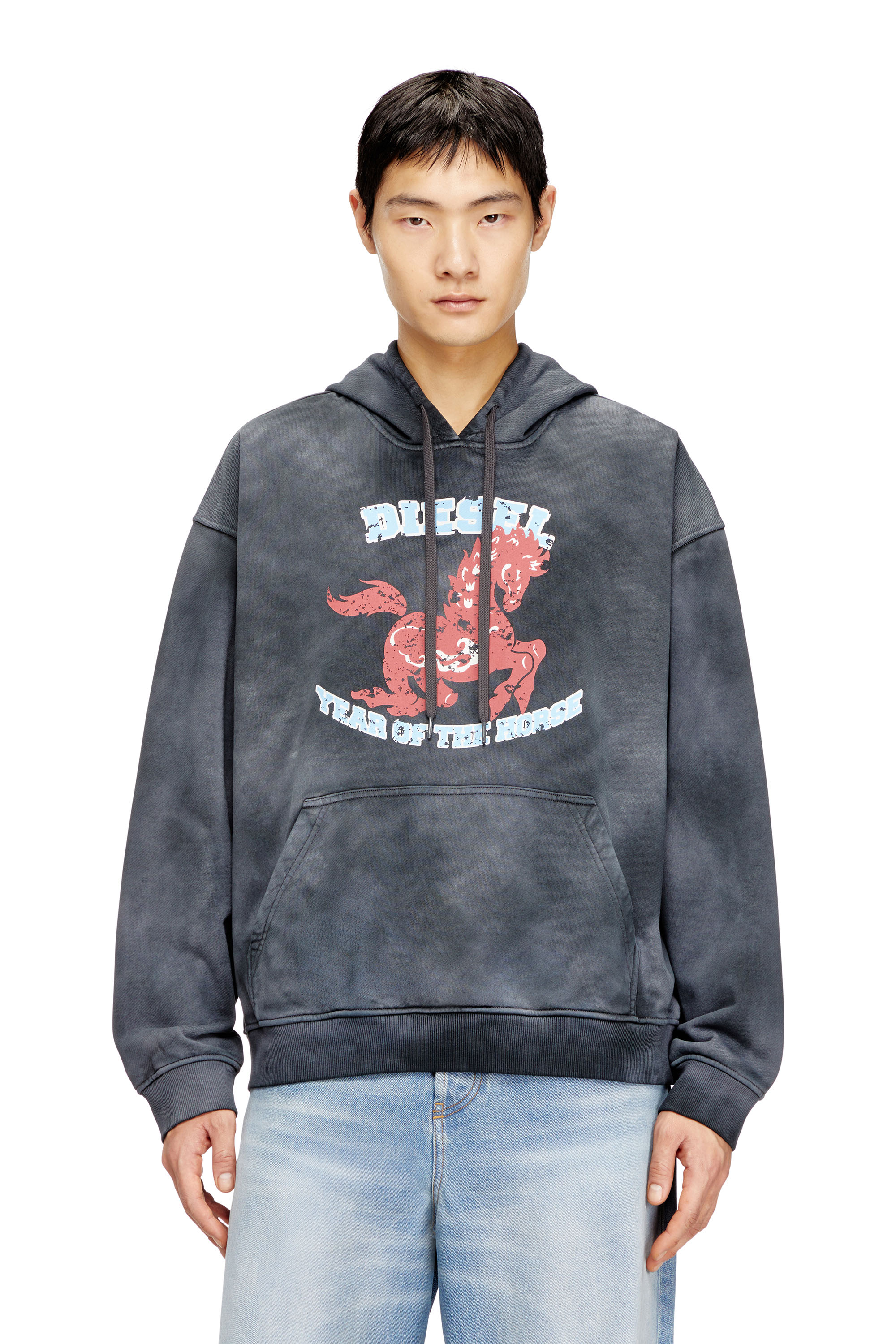 Diesel - CL-S-BOXT-HOOD-HORSE, Man's Hoodie tie-dye with horse graphic print in Grey - 1