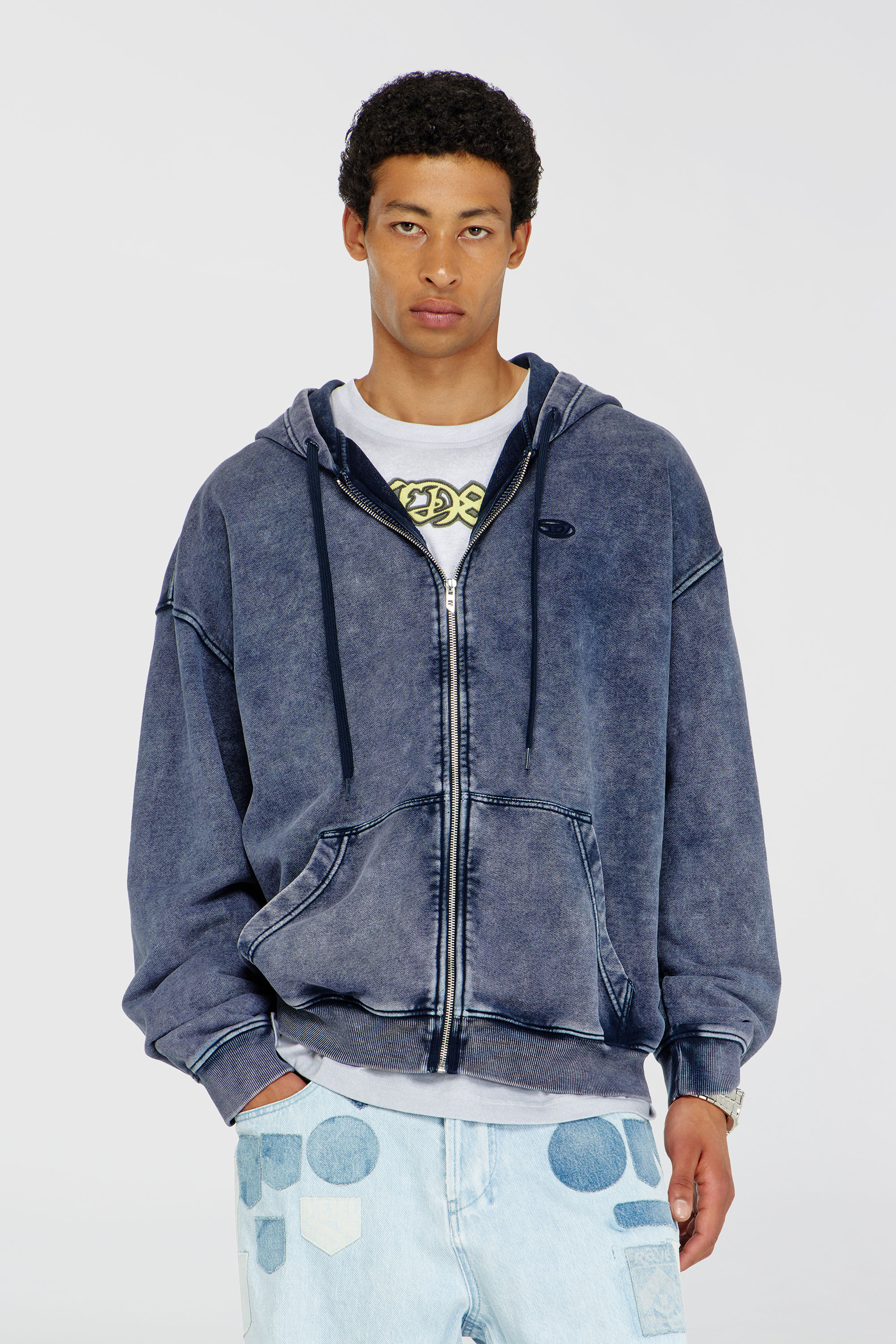 Diesel - S-BOXT-HOOD-ZIP-DEN, Man's Zip-up hoodie in treated cotton fleece in Blue - 3