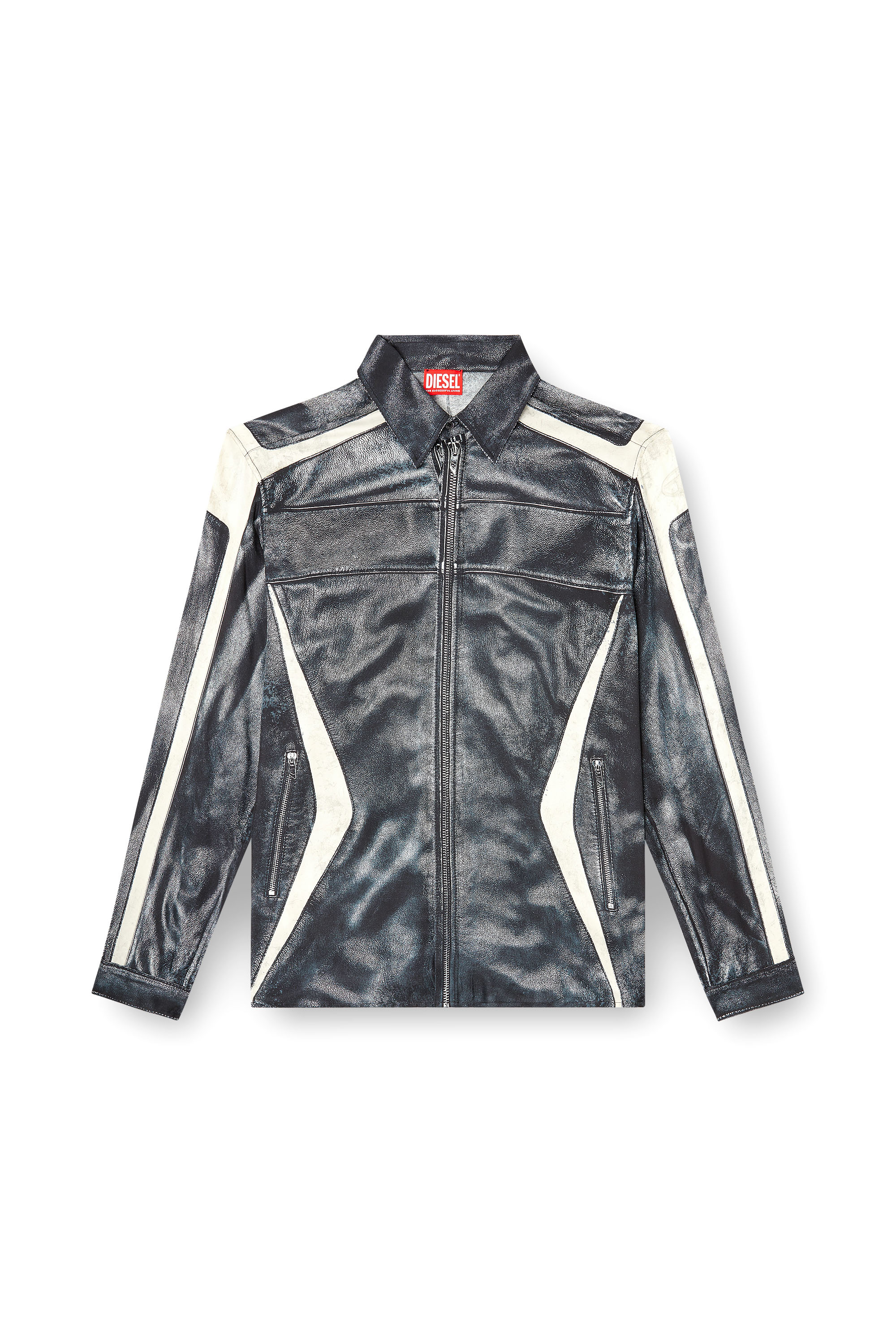 Diesel - S-SIMPLY-BMCZ, Man's Printed viscose shirt with front zip closure in Black/White - 3