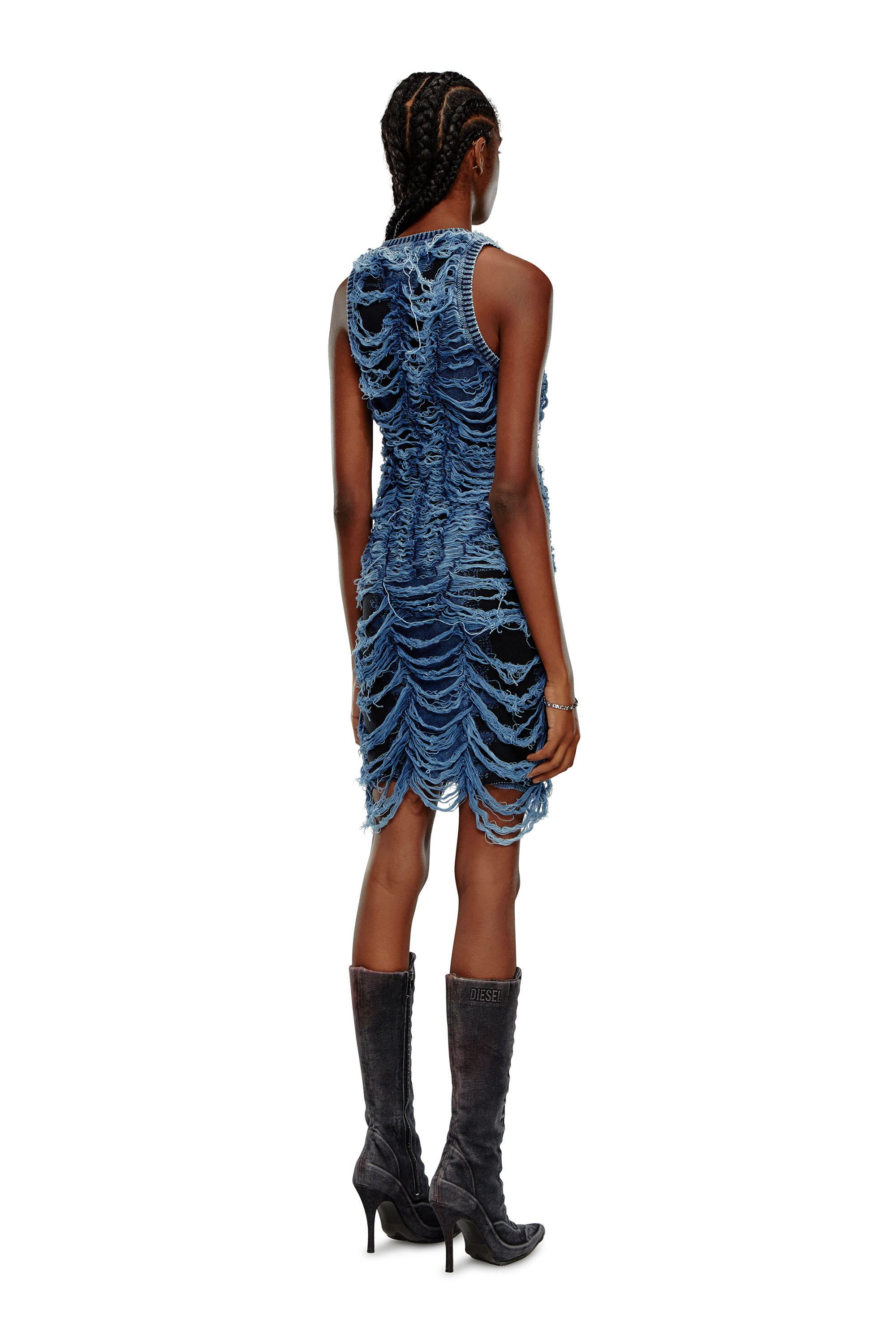 Diesel - M-BIANCA, Woman Short dress in destroyed indigo knit in Blue - Image 2
