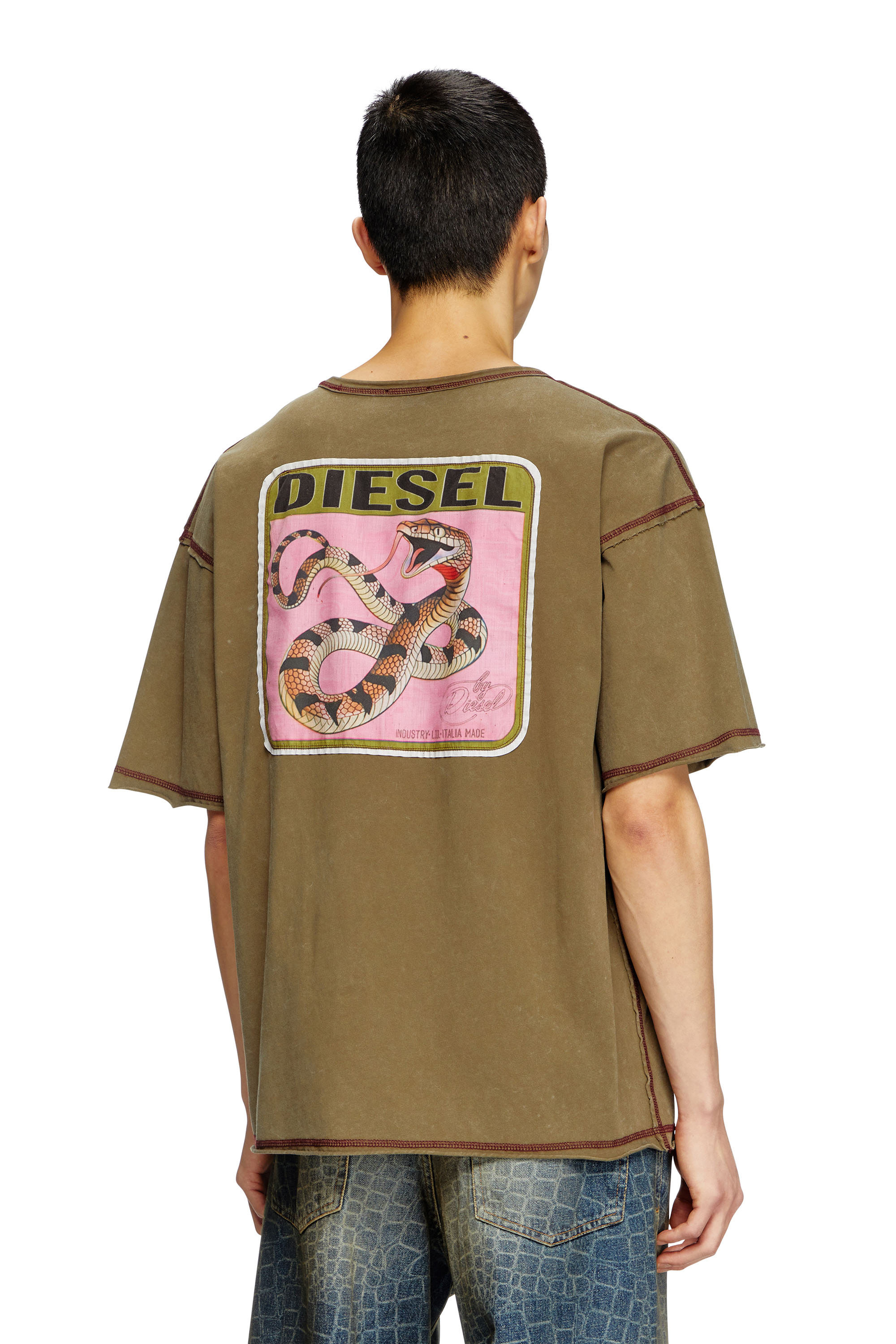 Diesel - CL-T-BOXT-SNAKE, Unisex's Treated T-shirt with snake patches in Olive Green - 4