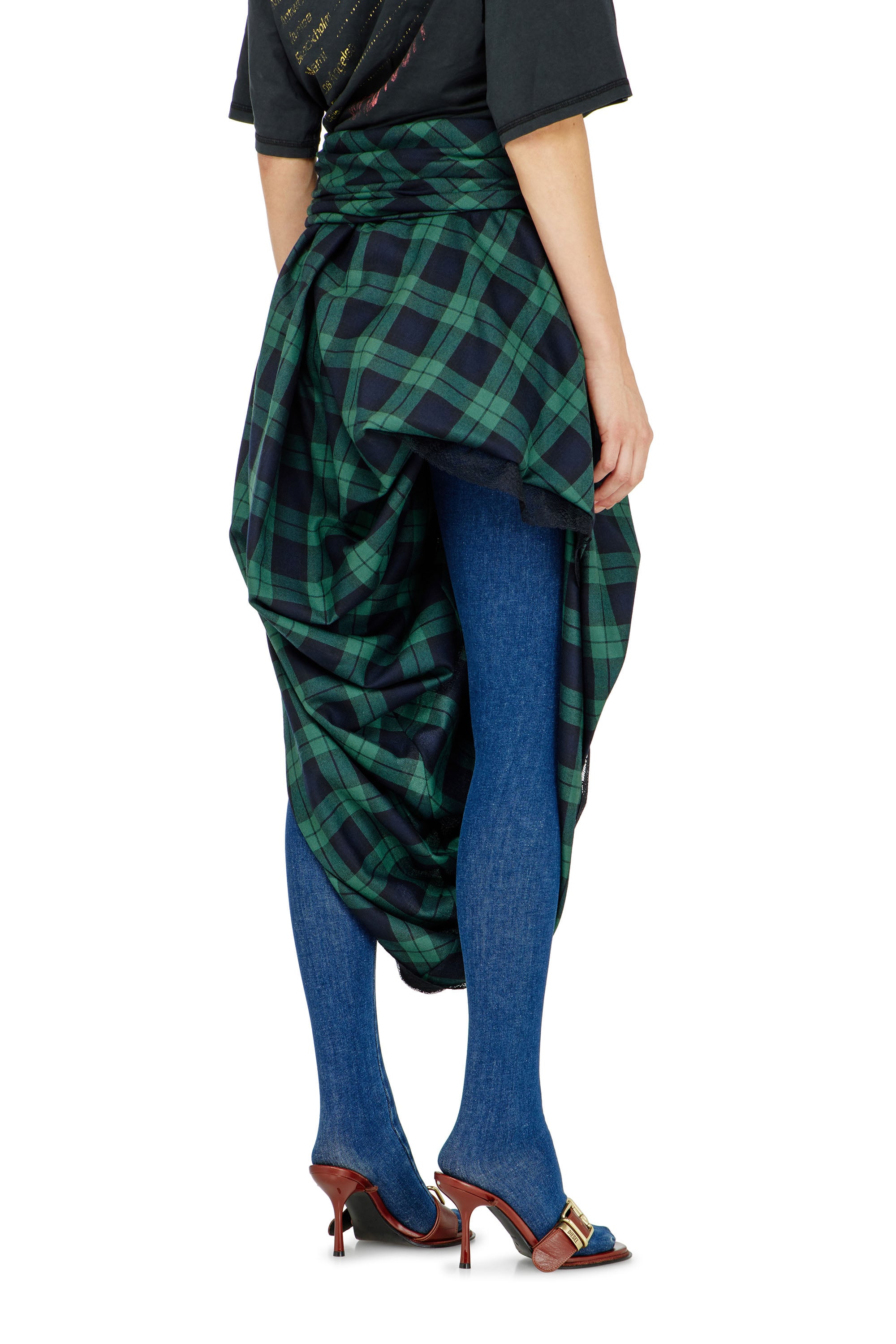 Diesel - O-WINNY, Woman's Draped tartan midi skirt with lace trim in Green/Blue - 3
