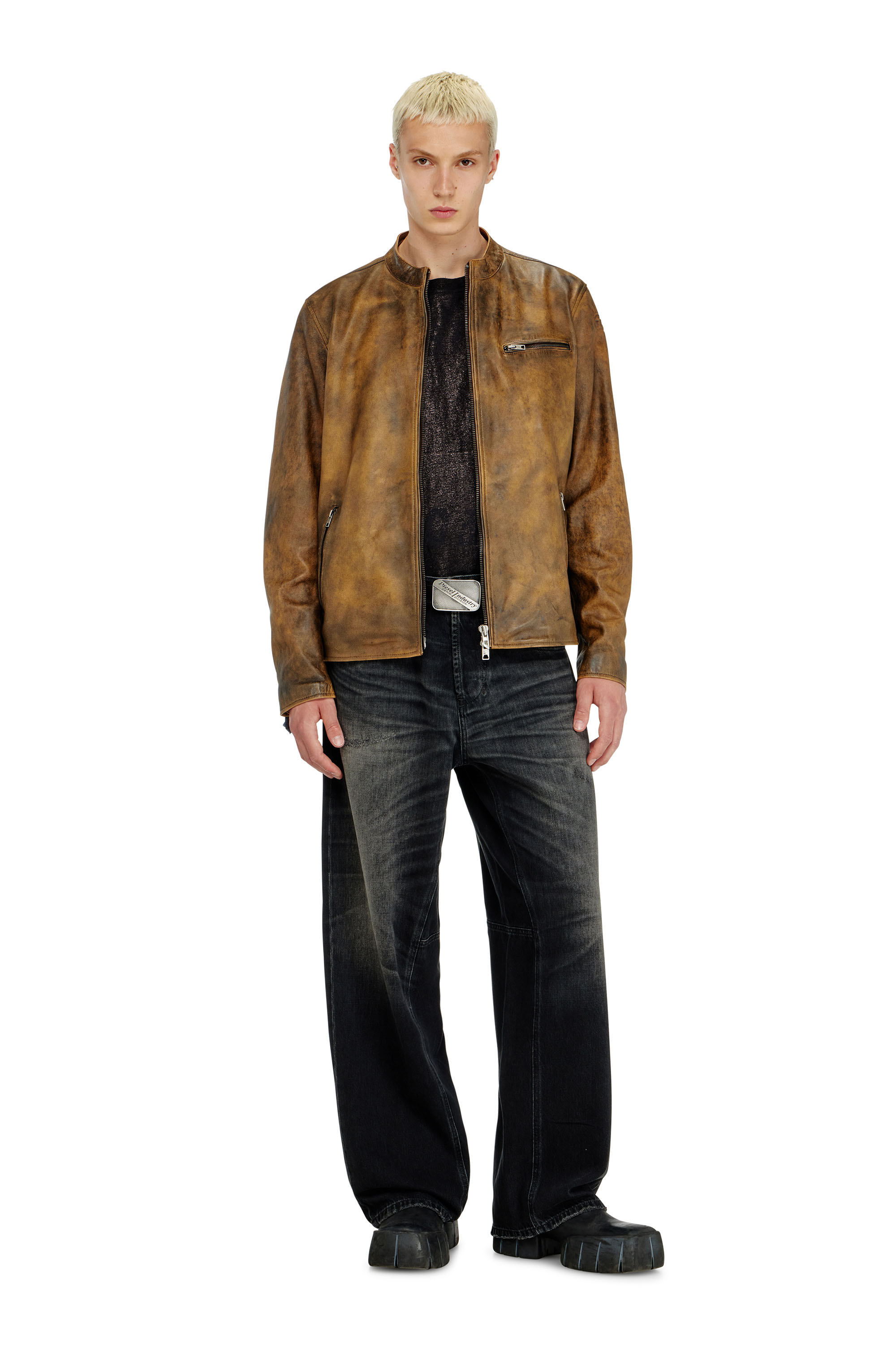 Diesel - L-ZAD-KNCZ, Man's Biker jacket in treated leather in Light Brown - 2