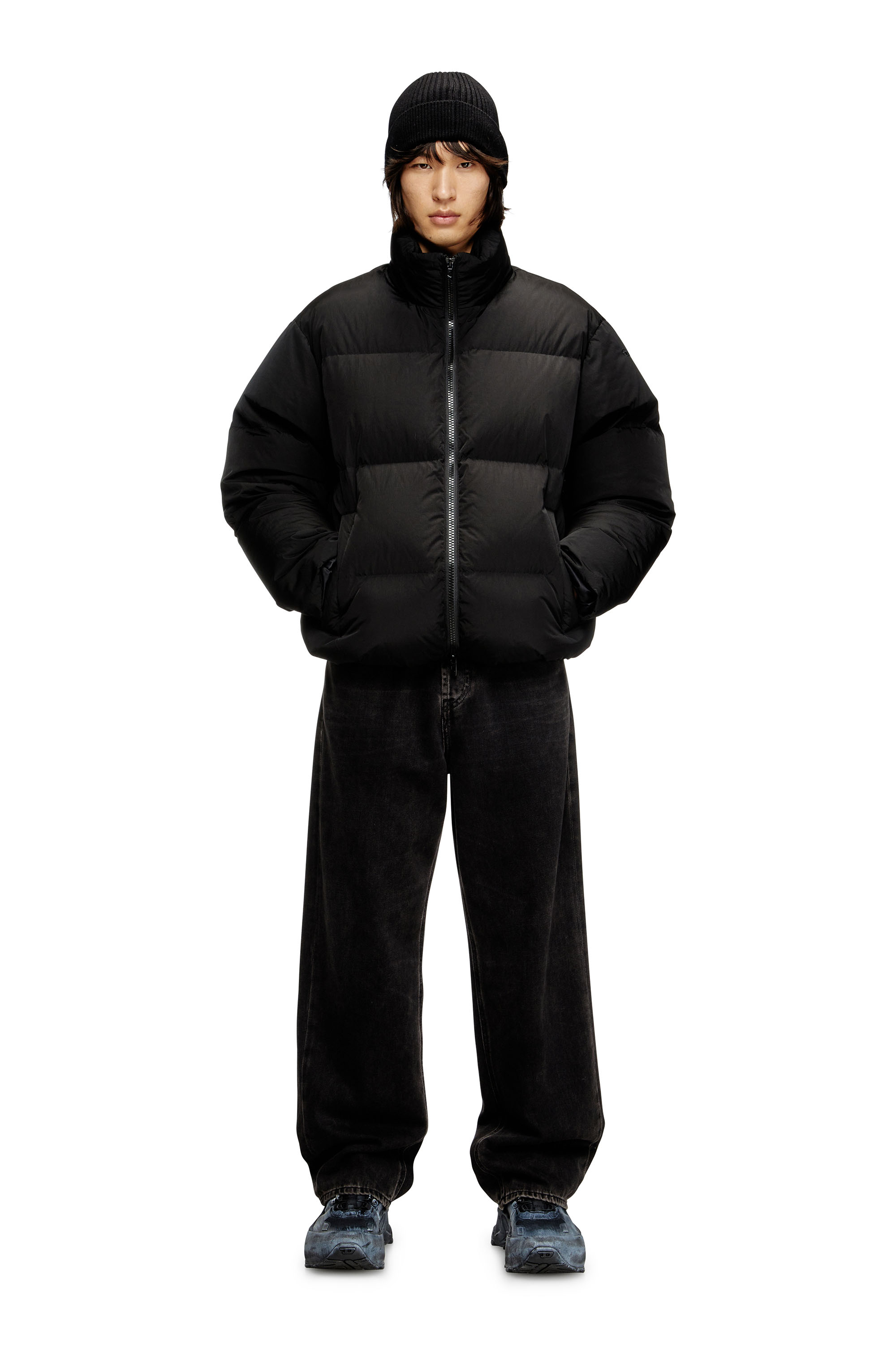 Diesel - W-RAVEEL, Man's Hooded down jacket in wrinkled nylon in Black - 1