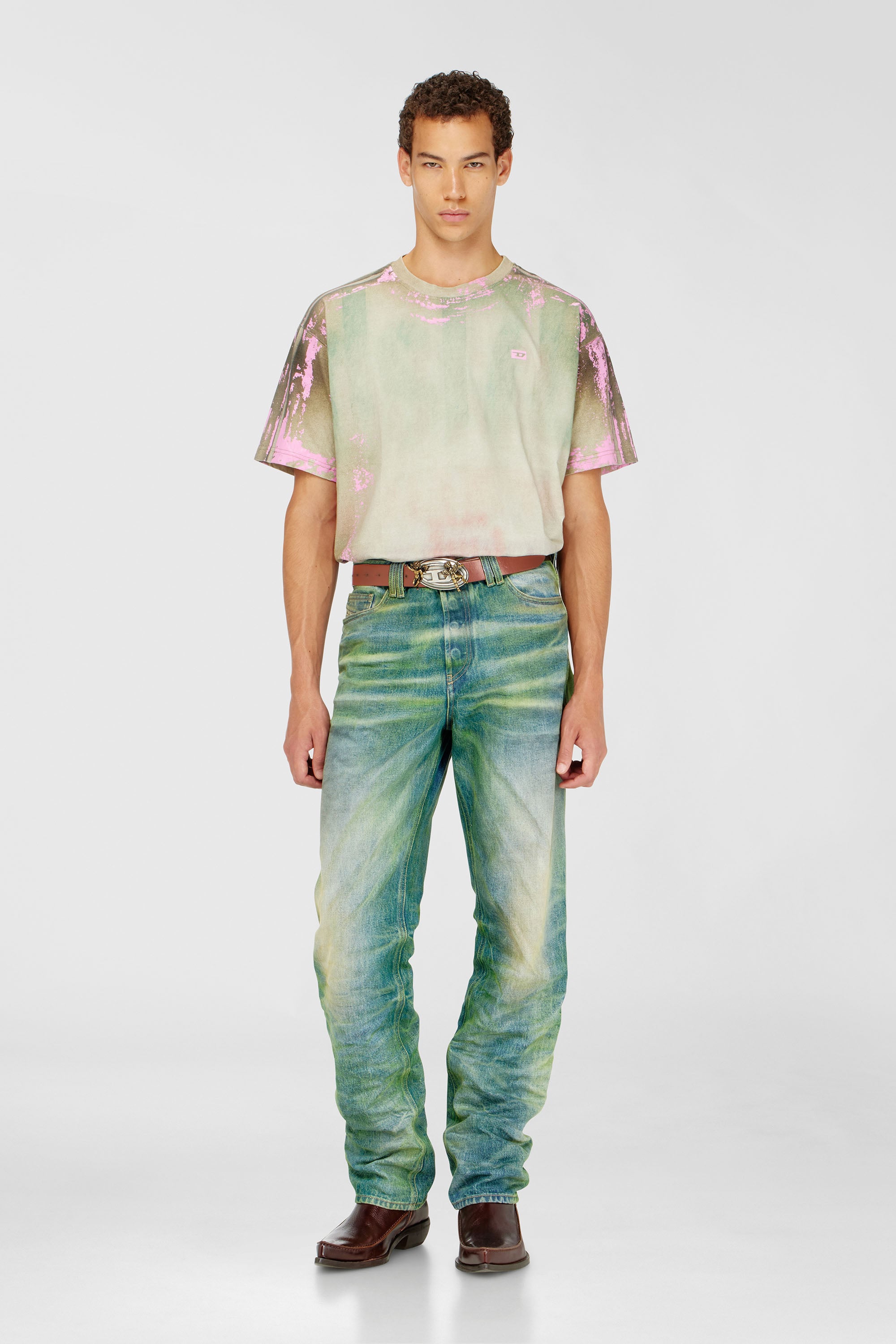 Diesel - T-FILMY-SHO, Man's T-shirt in cracked leather-effect jersey in Pink/Green - 1