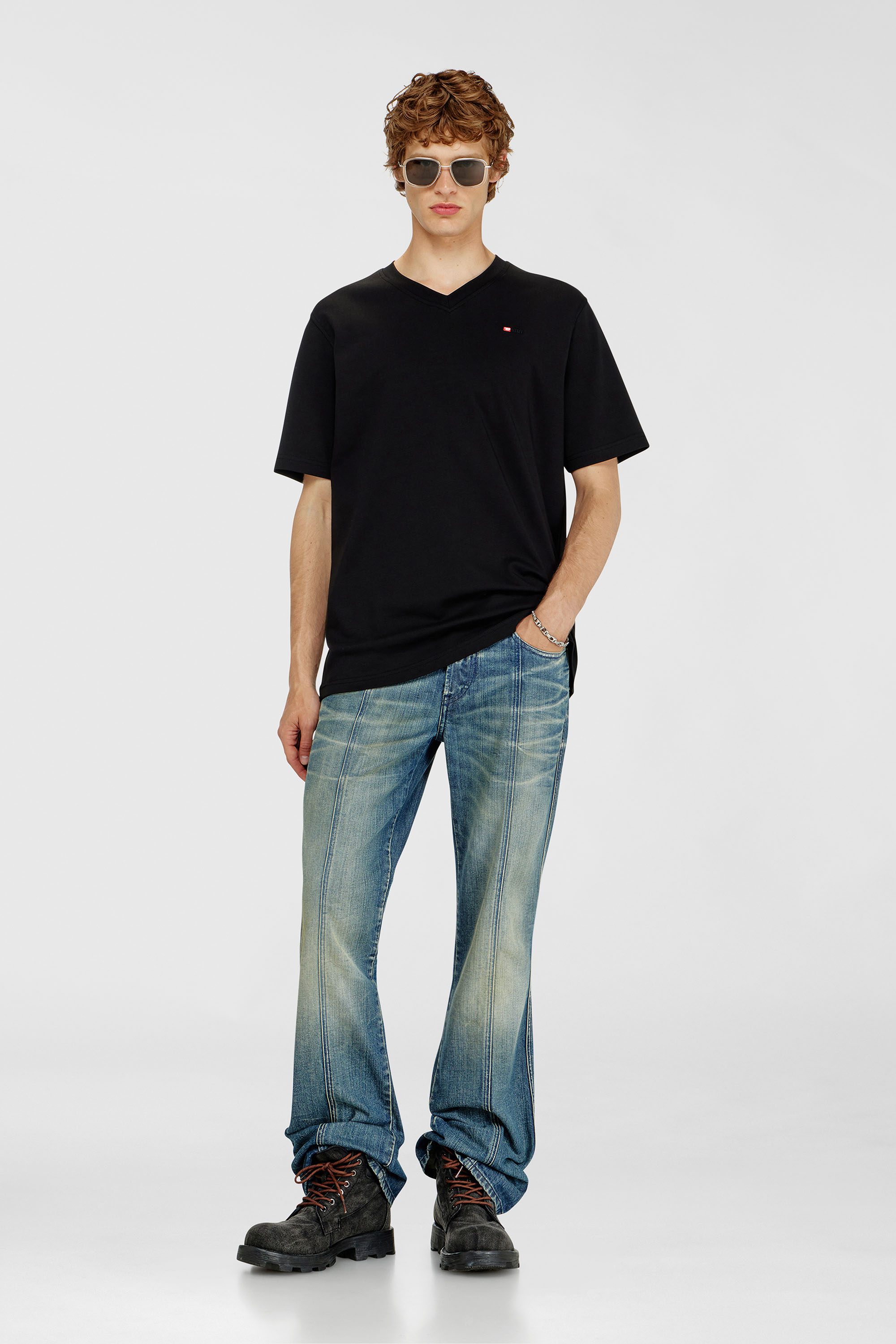Diesel - T-ADJUST-V-MICRODIV, Man's V-neck T-shirt with micro logo embroidery in Black - 1