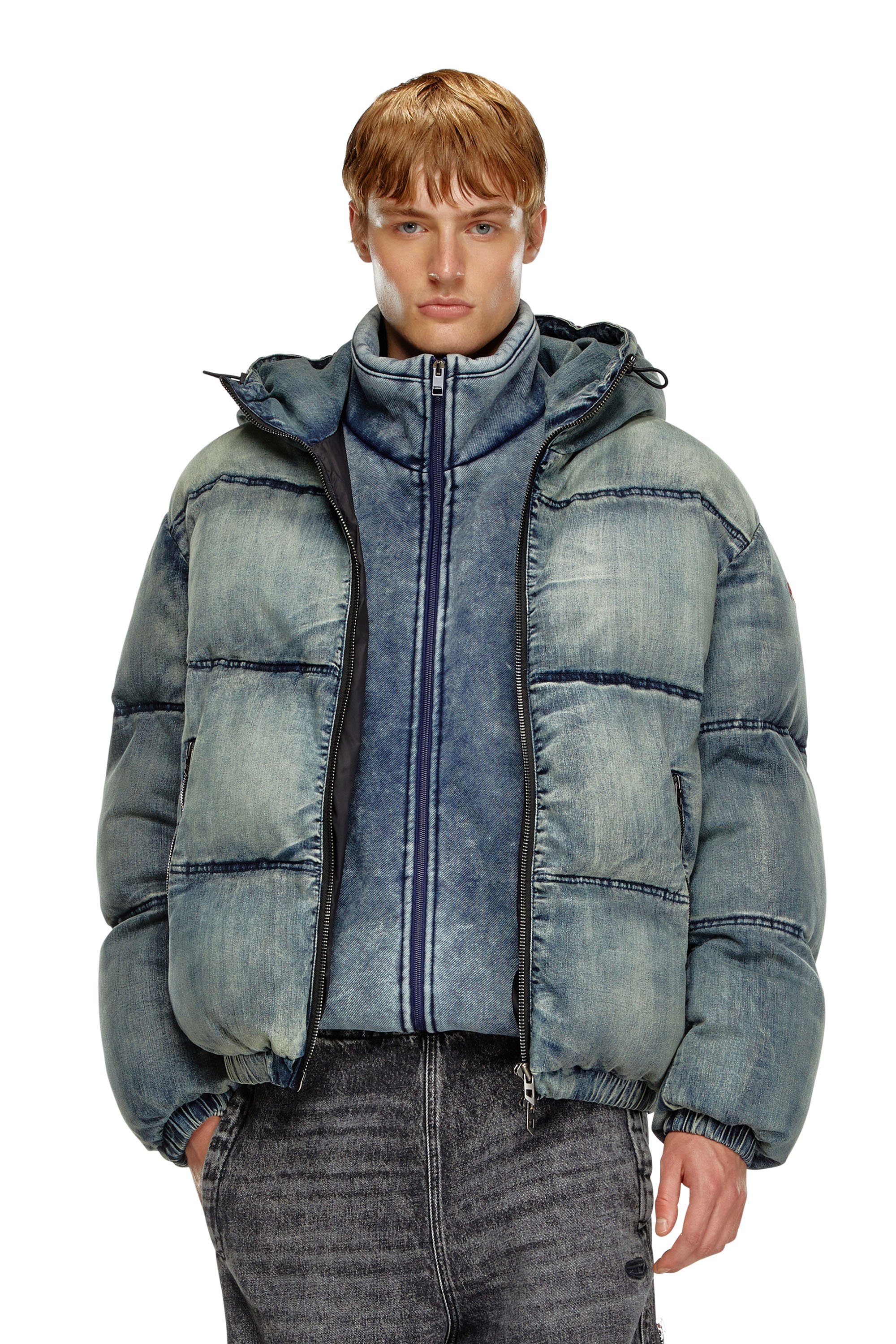 Diesel - W-MONS, Man's Puffer jacket in treated denim in Blue - 1