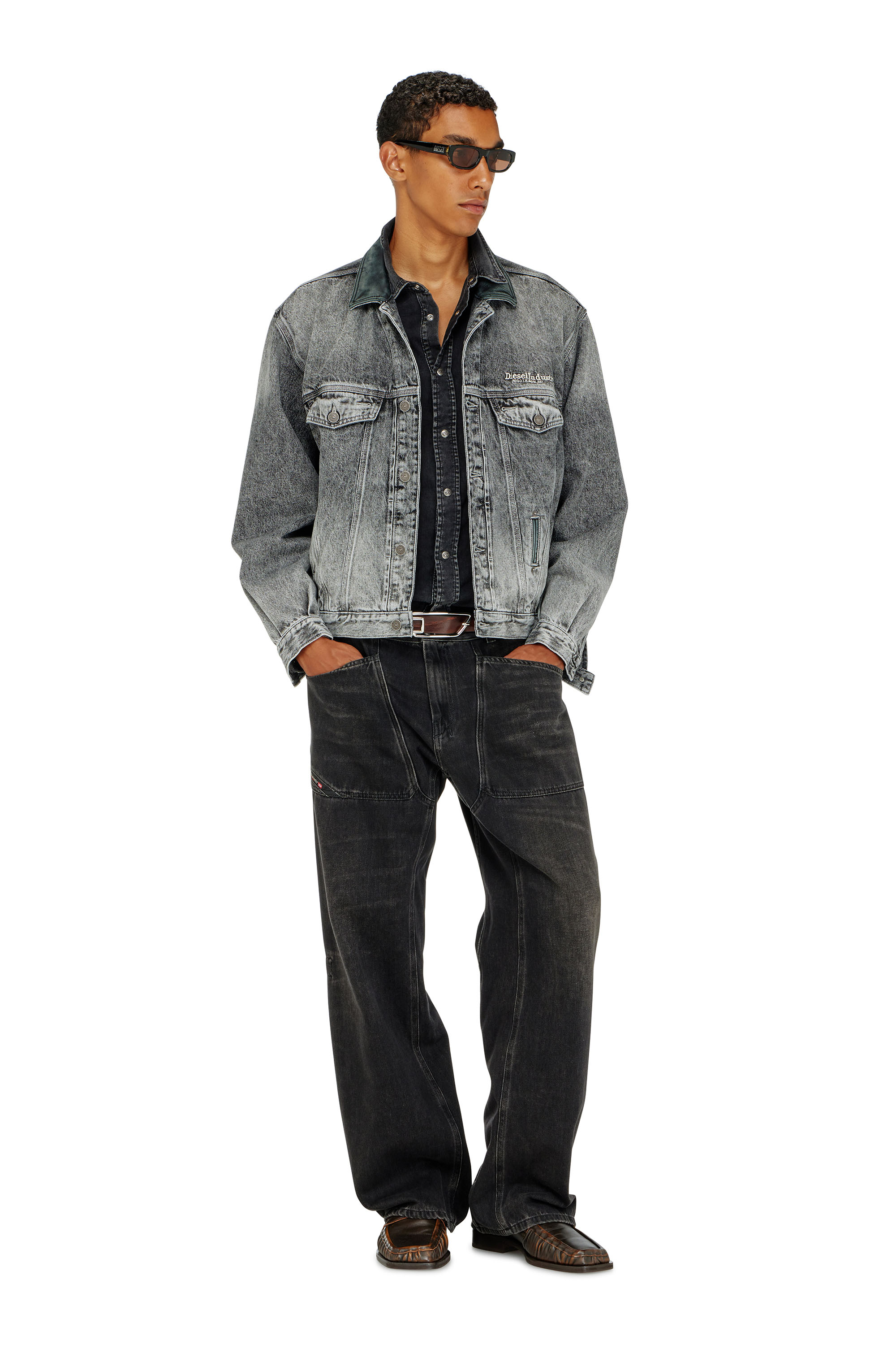 Diesel - D-DENVER-S, Unisex's Denim trucker jacket with tonal leather trims in Grey - 1