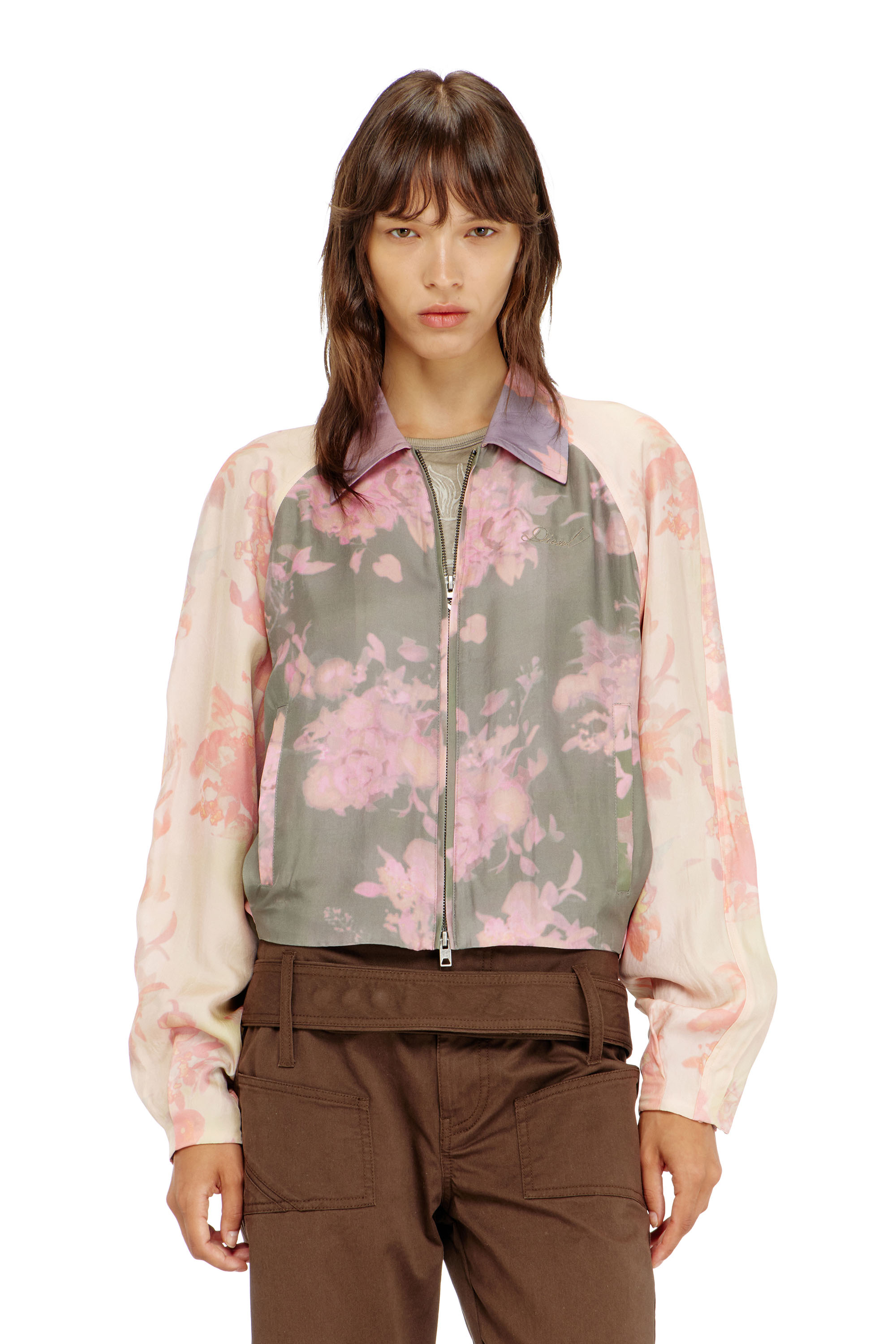 Diesel - G-ALENA, Woman's Floral bomber jacket in crinkled acetate in Green/Pink - 3