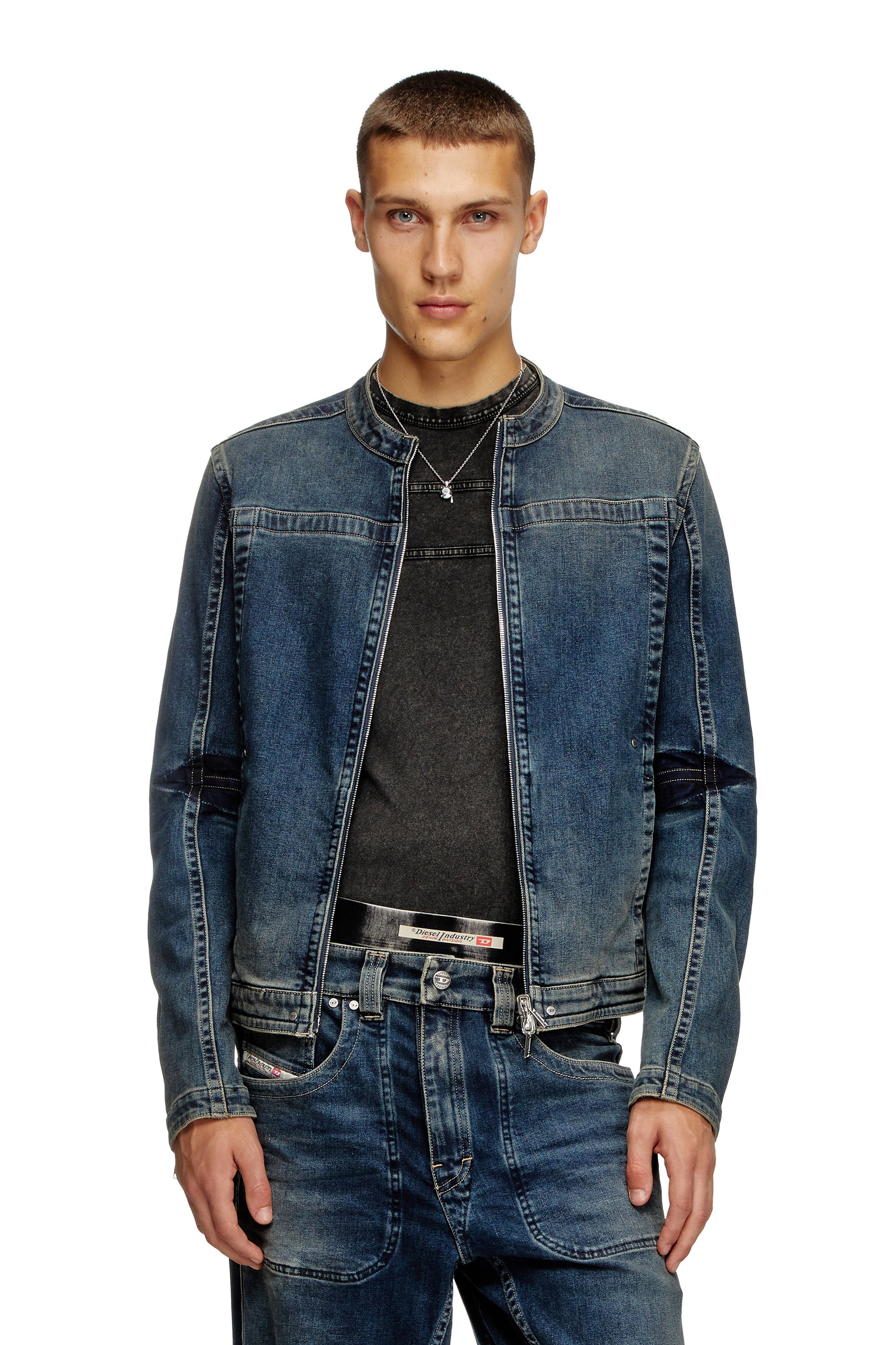 Diesel - D-GLORY-RE, Man's Moto jacket in Rehab denim in Dark Blue - 2