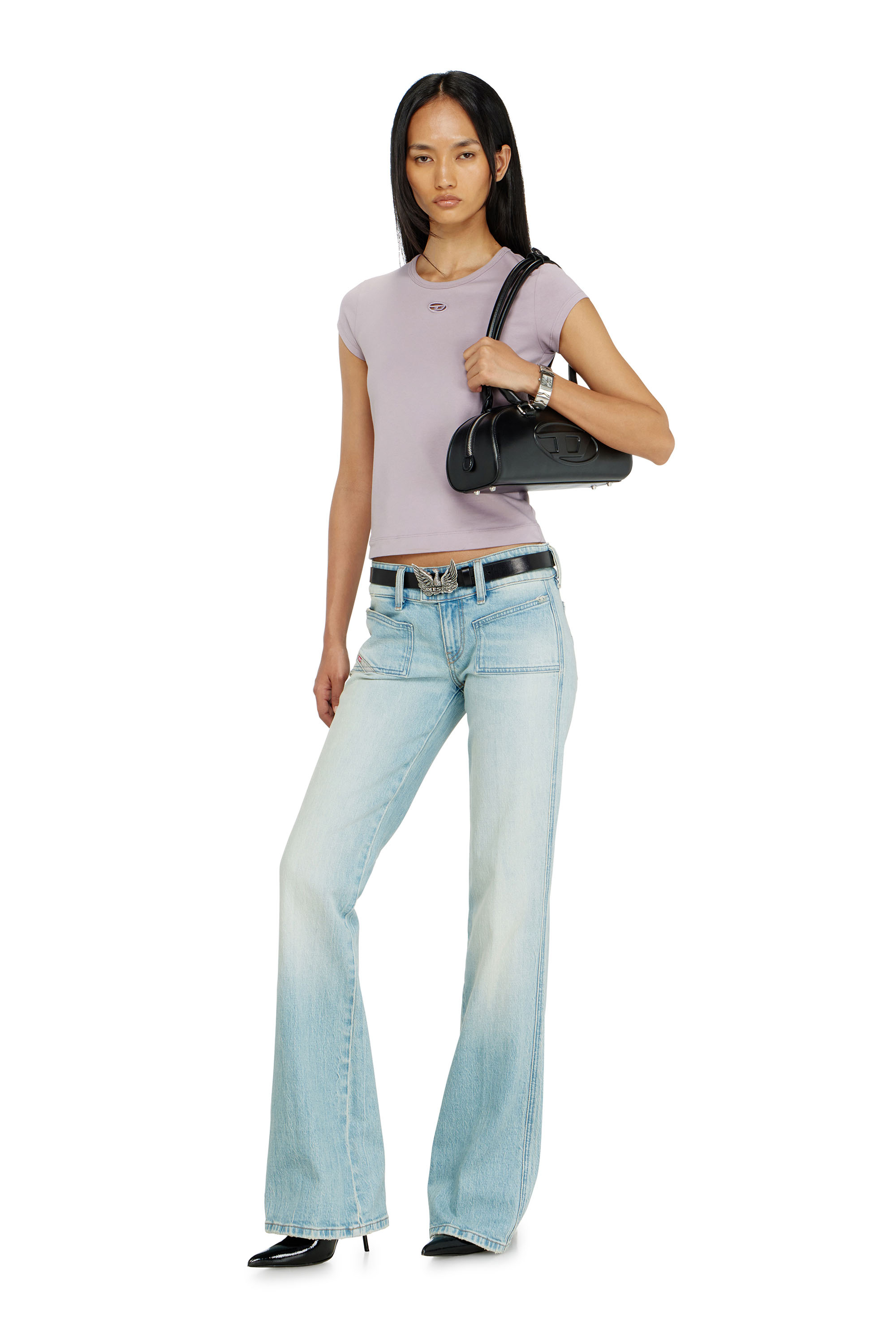 Diesel - T-ANGIE-OD, Woman's T-shirt with cut-out embroidered logo in Lilac - 2