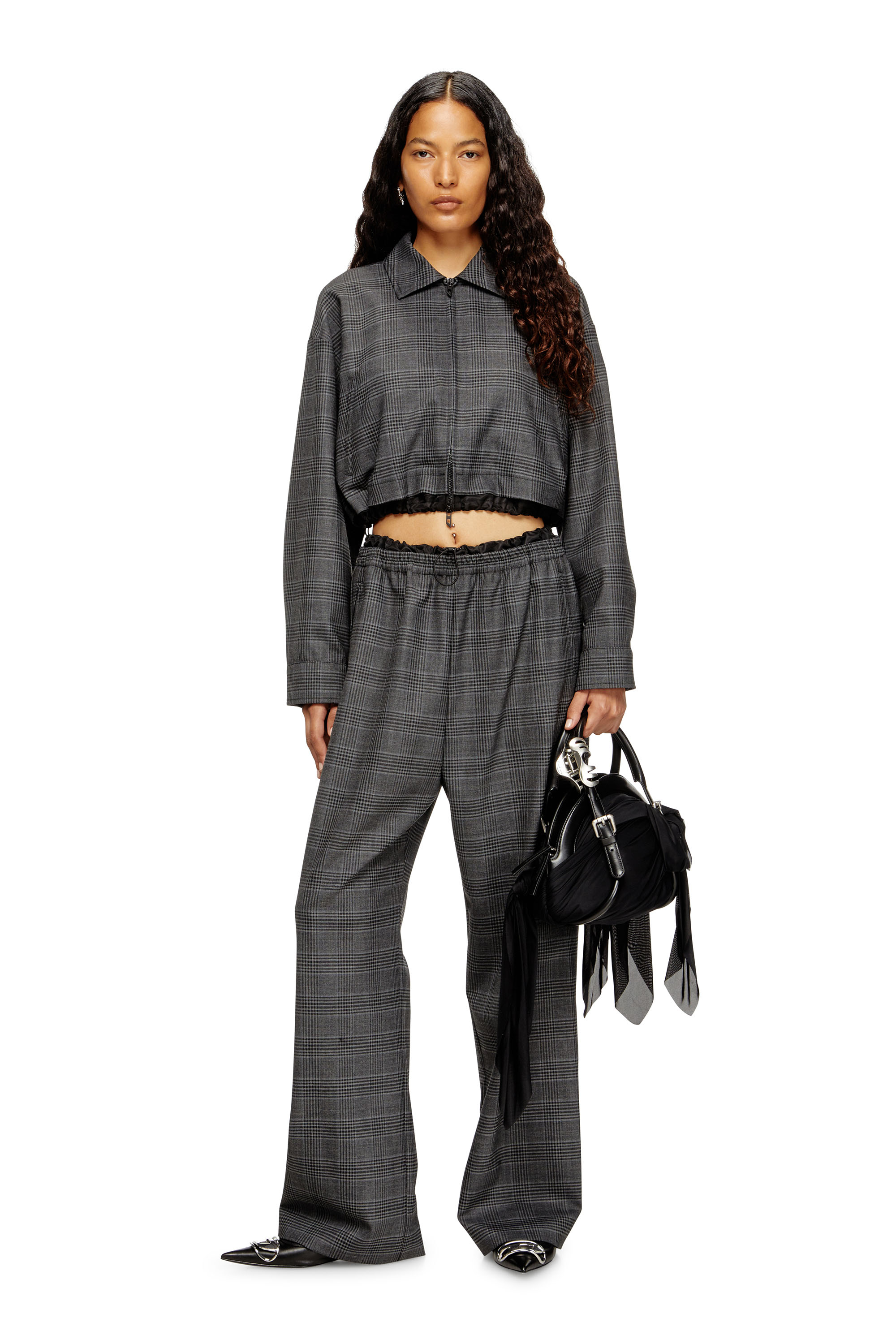 Diesel - J-TING-FEM, Woman's Cropped Prince of Wales wool-blend coach jacket in null - 2