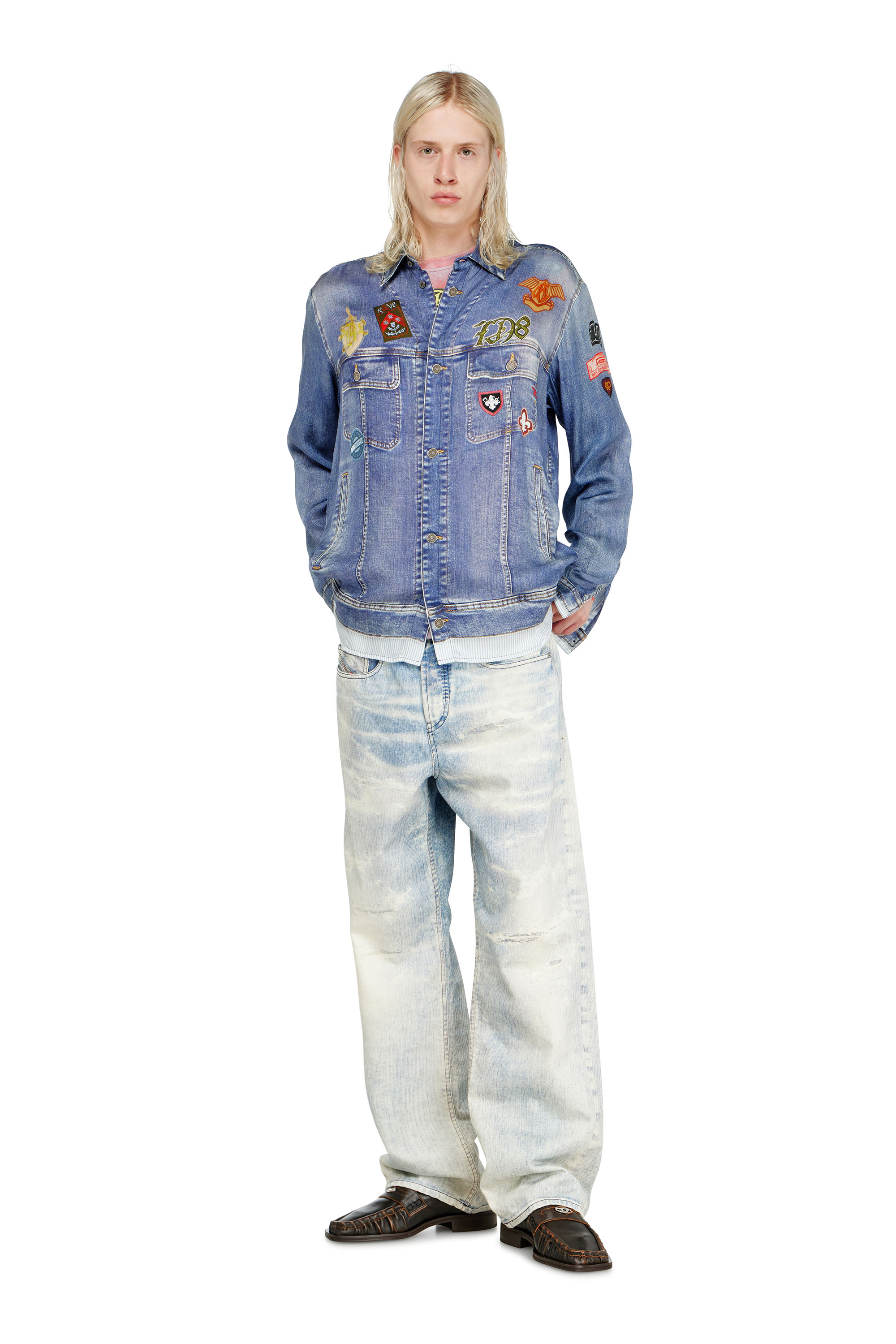 Diesel - S-SIMPLY-PATCH, Man's Satin shirt with trompe-l'oeil denim print in Medium blue - 2