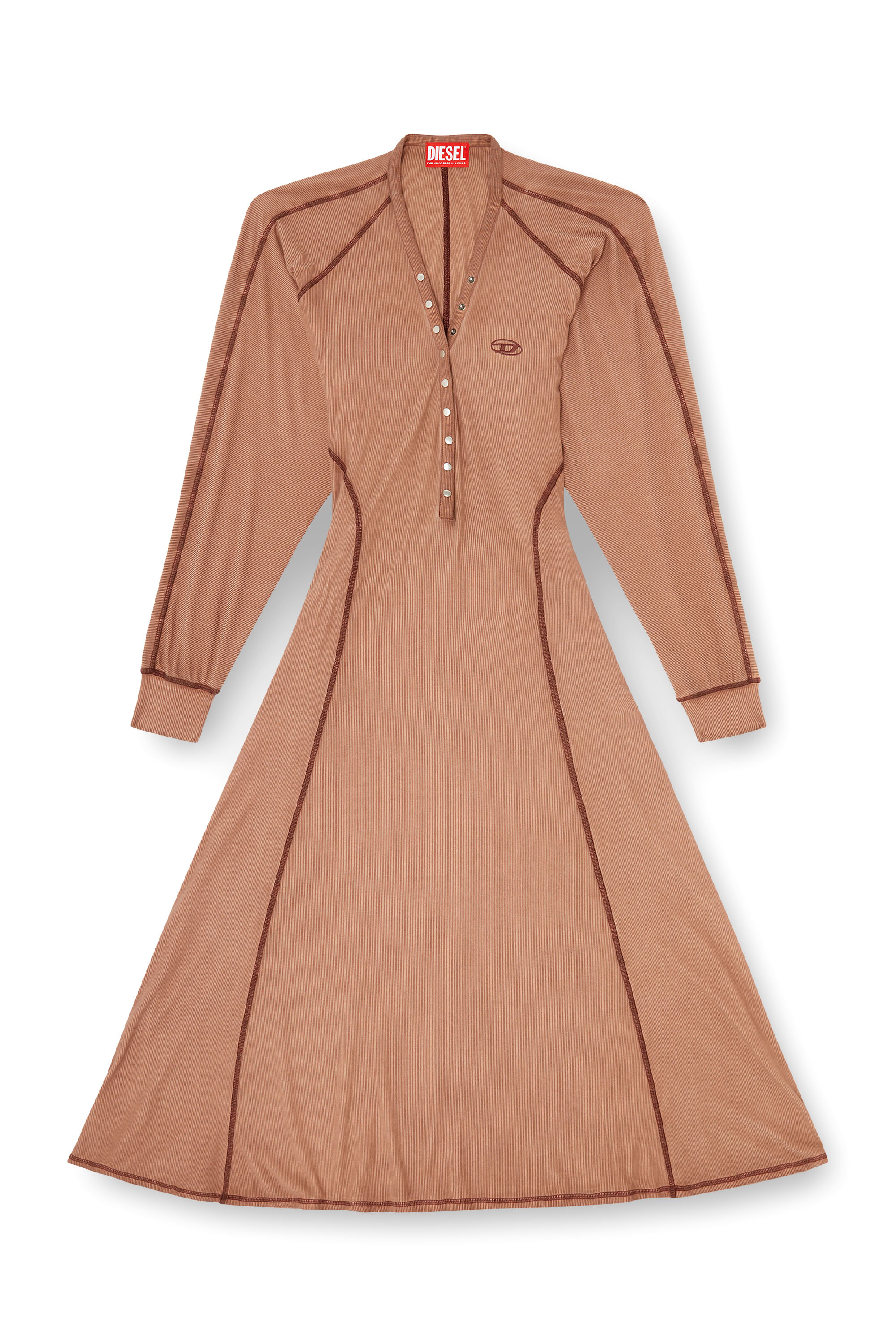 Diesel - D-ISERINA, Woman's Midi dress in ribbed jersey with batwing sleeves in Light Brown - 1