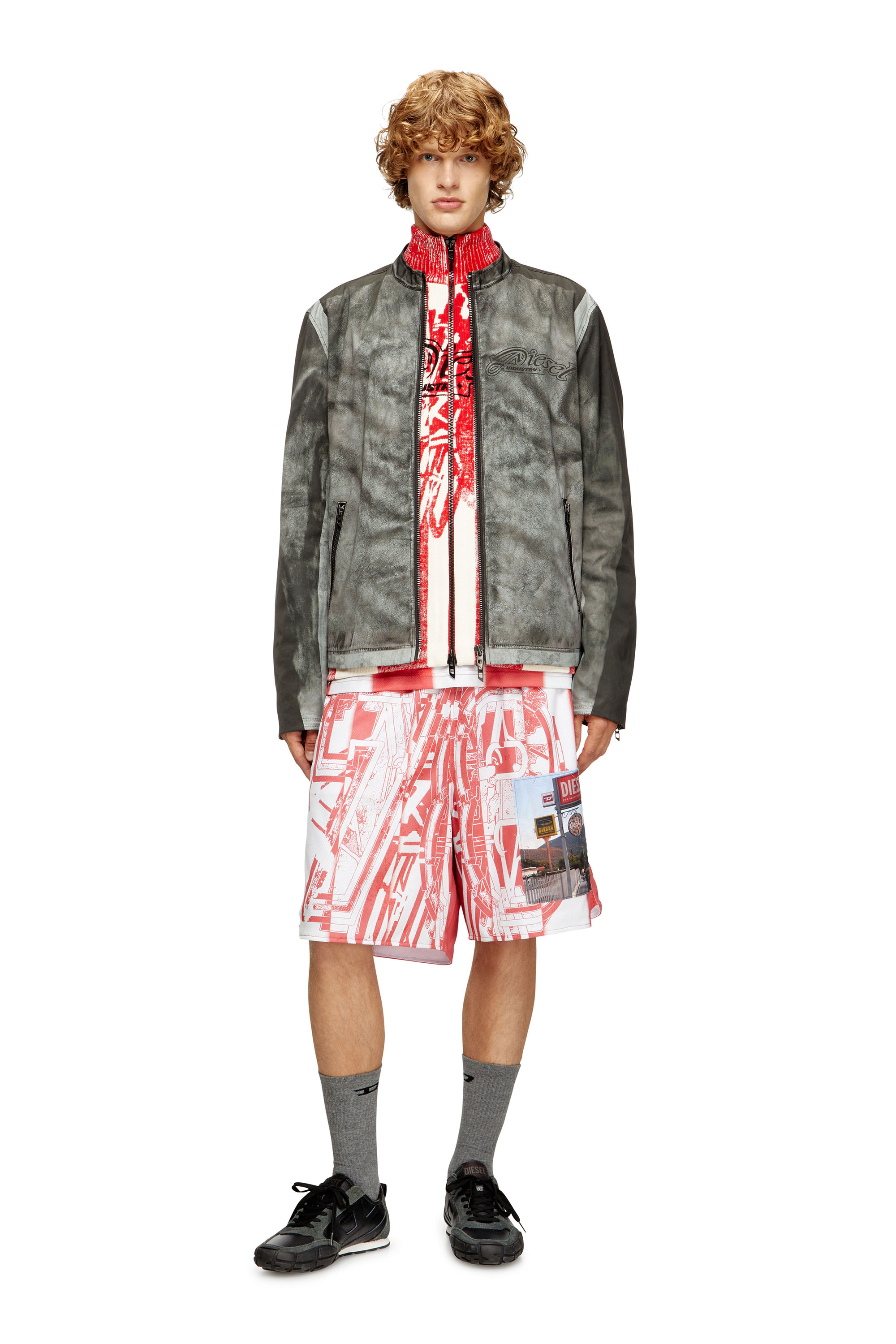 P-KURT, Red/White Diesel - P-KURT, Man's Striped shorts with photo patches in Red/White - 1