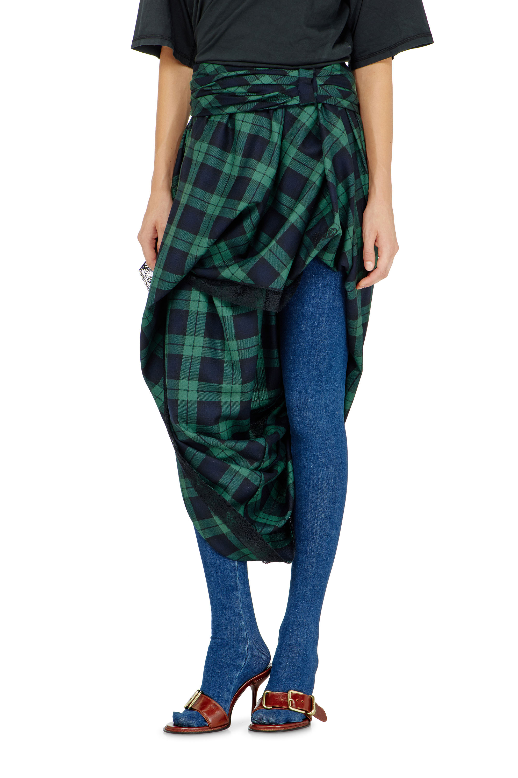 Diesel - O-WINNY, Woman's Draped tartan midi skirt with lace trim in Green/Blue - 2