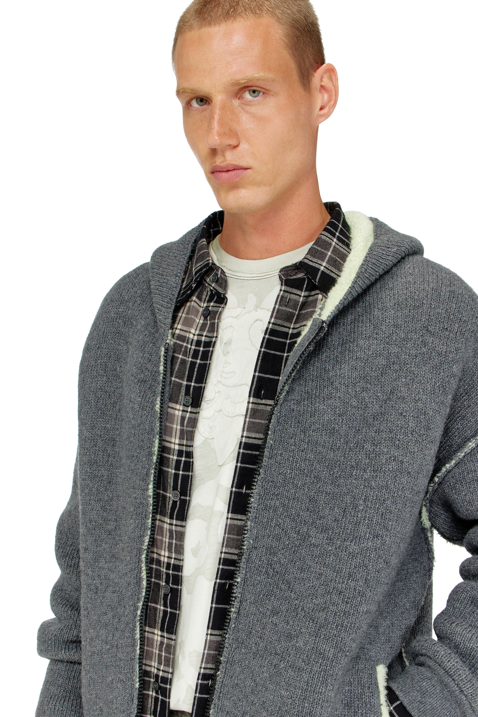 Diesel - K-BOUBBY, Man's Zip-up hoodie in dual-texture knit in Grey - 4