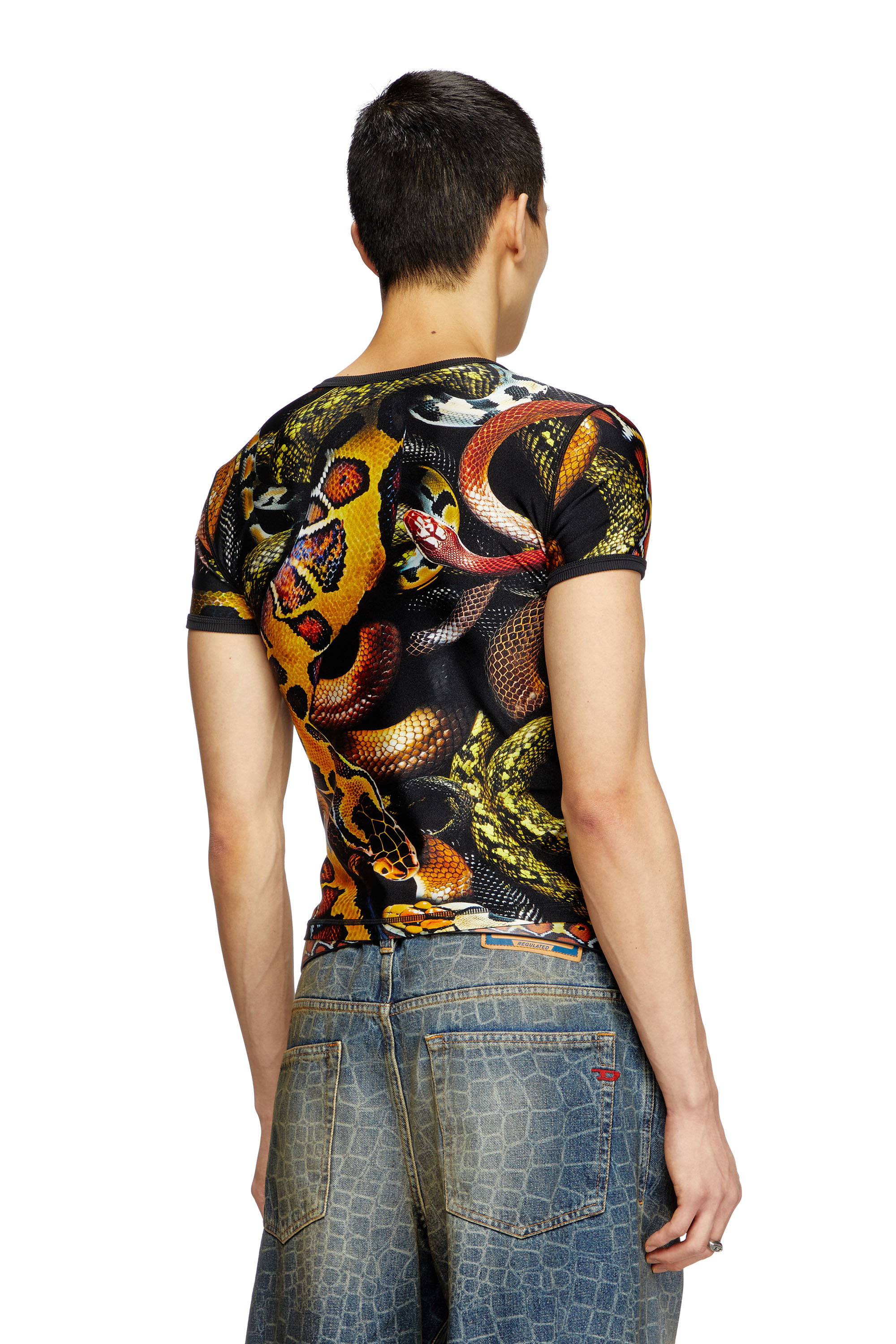 Diesel - CL-T-UNCLE-SNAKE, Unisex's Lycra T-shirt with all-over snake print in Black/Yellow - 3