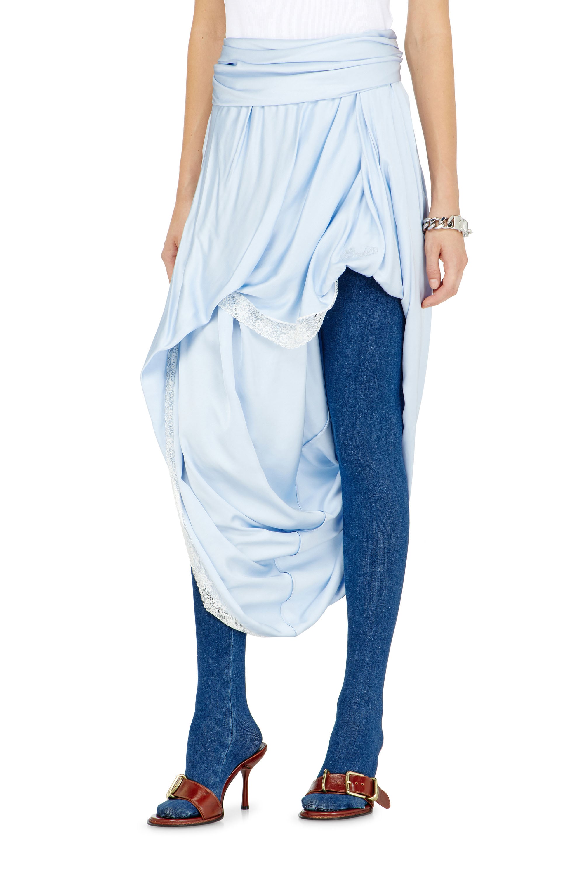 Diesel - O-WANDA, Woman's Draped satin midi skirt with lace trim in Azure - 2