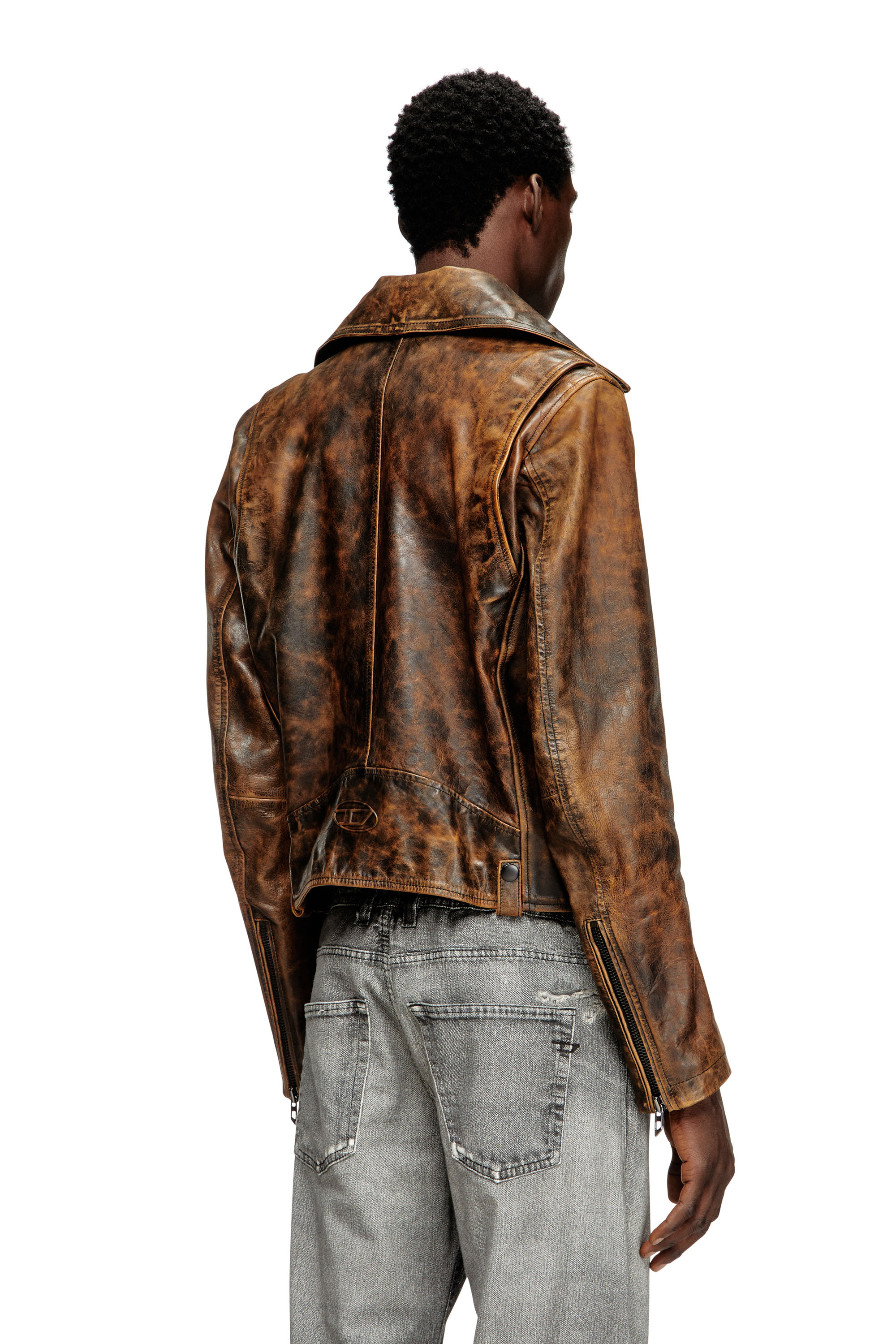 Diesel - L-EON, Man's Biker jacket in treated leather in Brown - 4