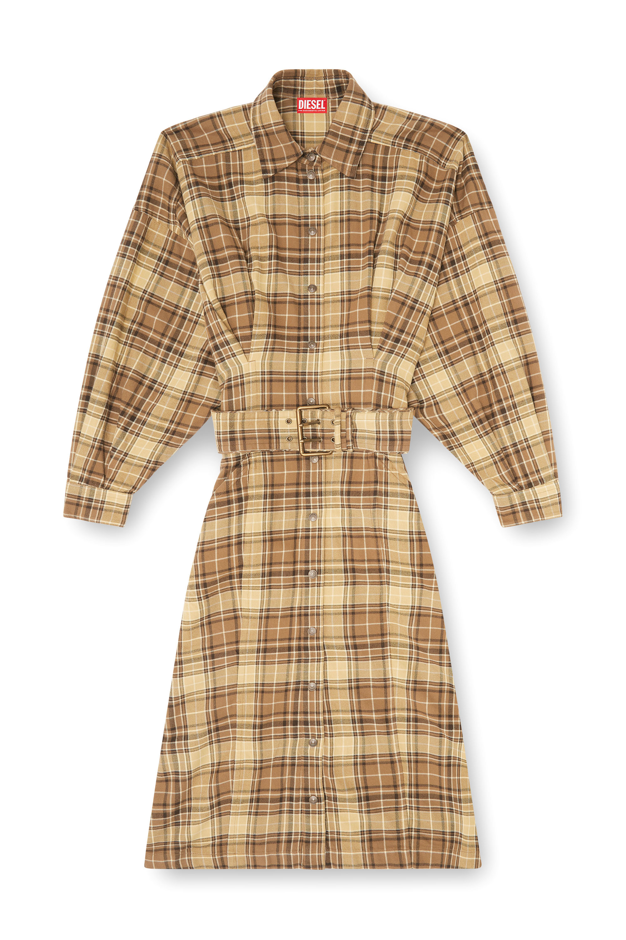 Diesel - D-EDALUS, Woman's Midi dress in check flannel with wide belt in Brown/Yellow - 1