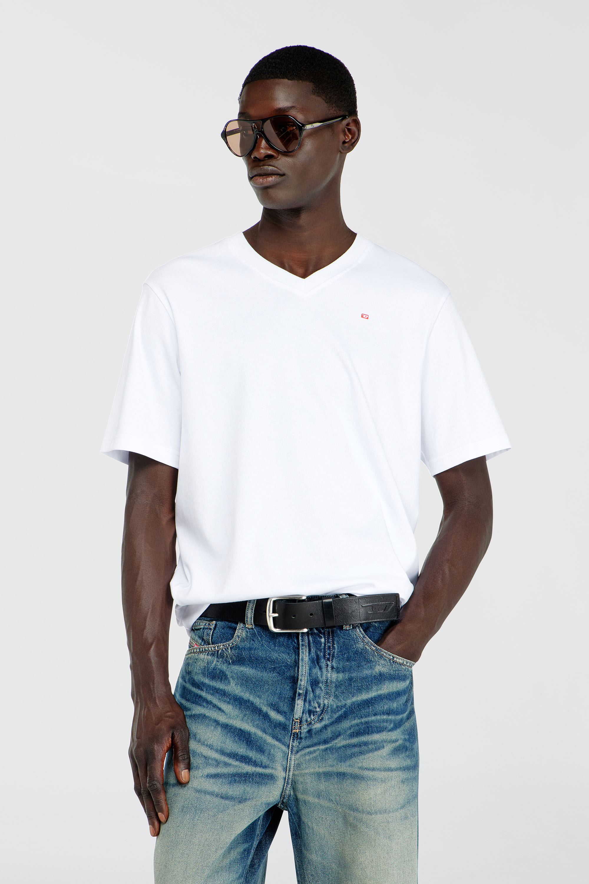 Diesel - T-ADJUST-V-MICRODIV, Man's V-neck T-shirt with micro logo embroidery in White - 1