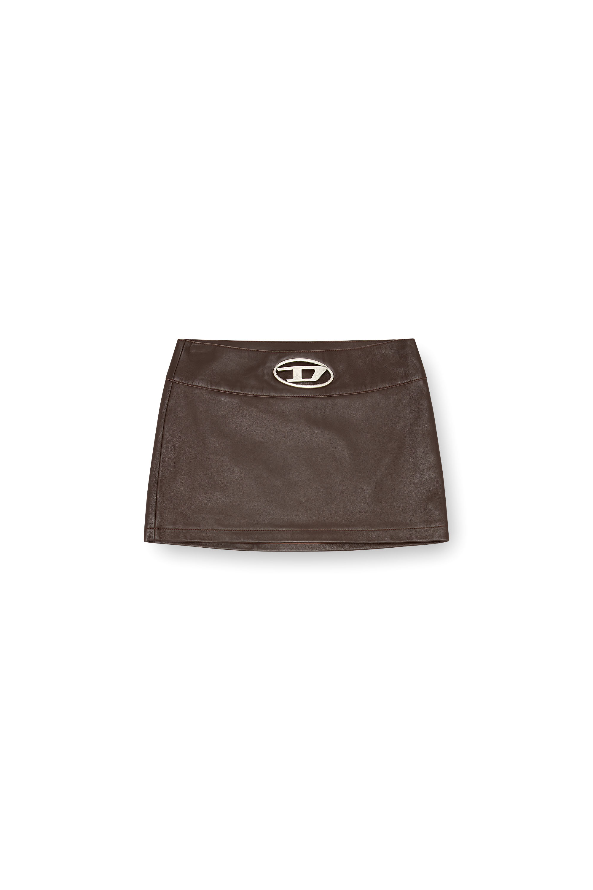 Diesel - L-DIXY, Woman's Leather mini skirt with metal logo in Brown - 3