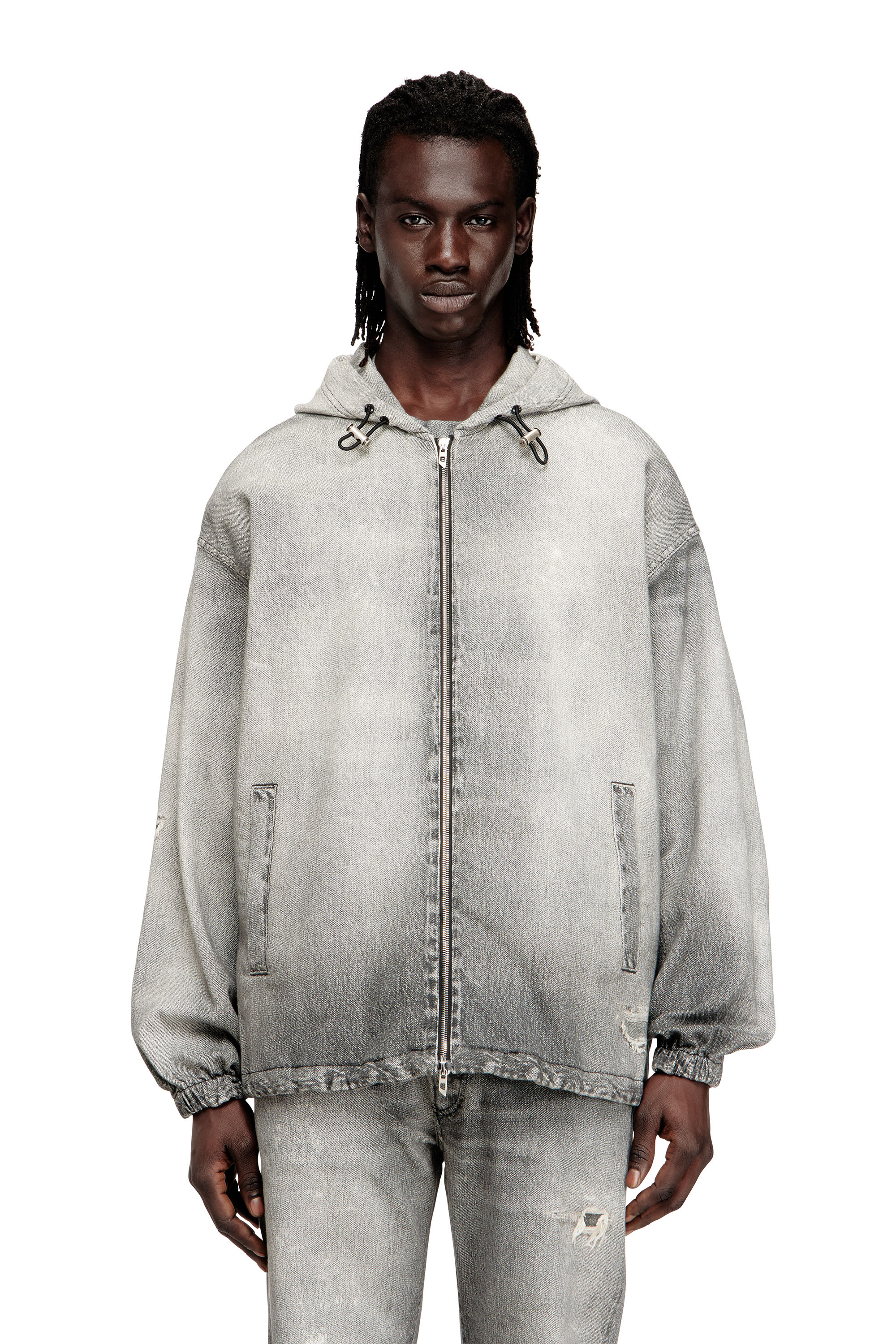 Diesel - D-WYNNY JOGG, Man's Hooded jacket in trompe l'oeil JoggJeans in Grey - 3