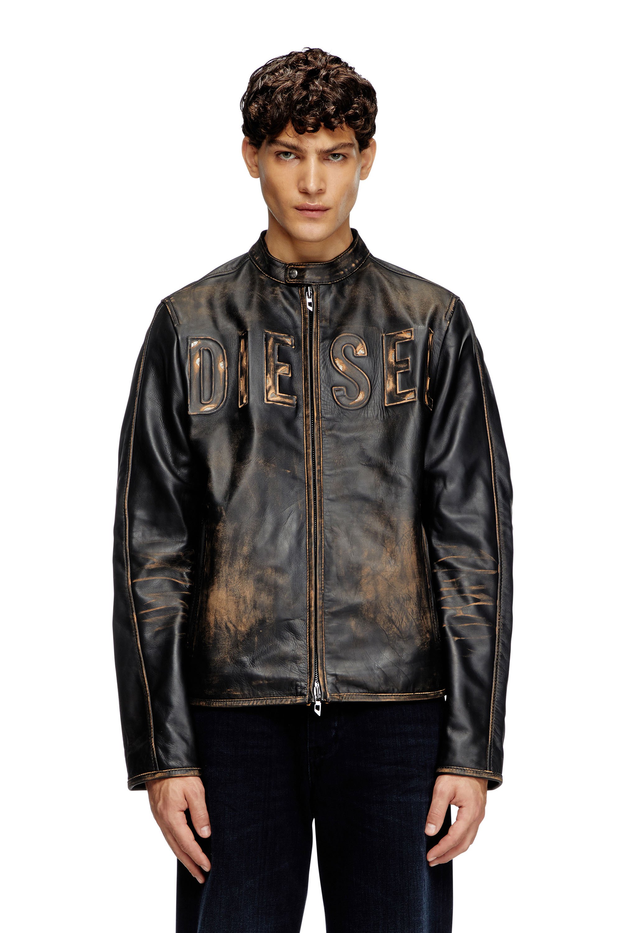 Diesel - L-MET-A, Man's Leather biker jacket with distressed logo in null - 1