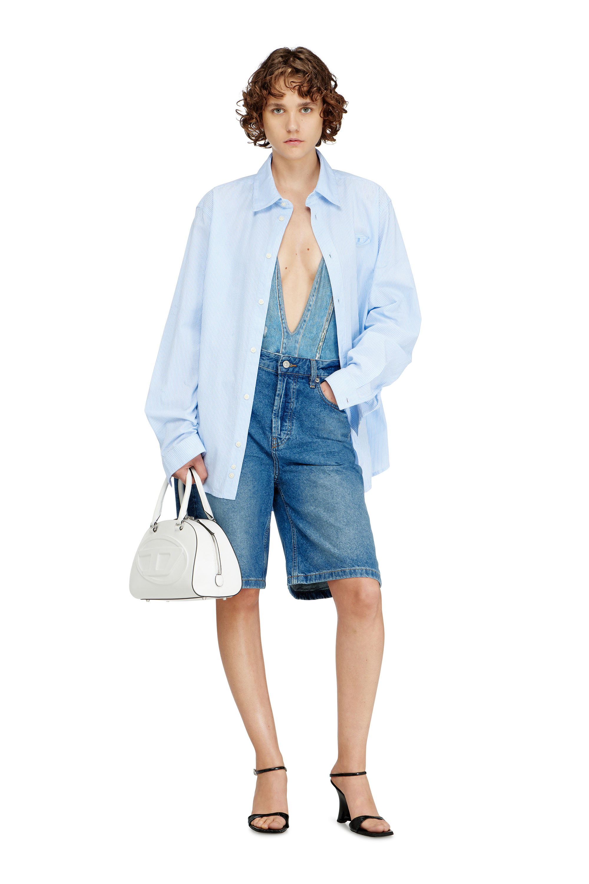 Diesel - KINSLEY-DNM, Woman's Plunging swimsuit with denim trompe l'oeil in Blue - 4